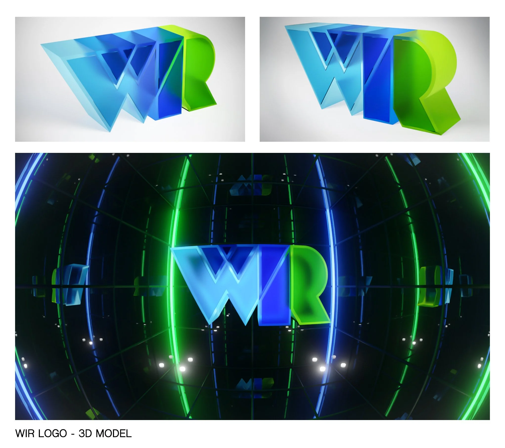 3D model of a logo with the letters 'W' and 'R' in blue and green, displayed against a background of neon green and blue lights and a dark, reflective surface.