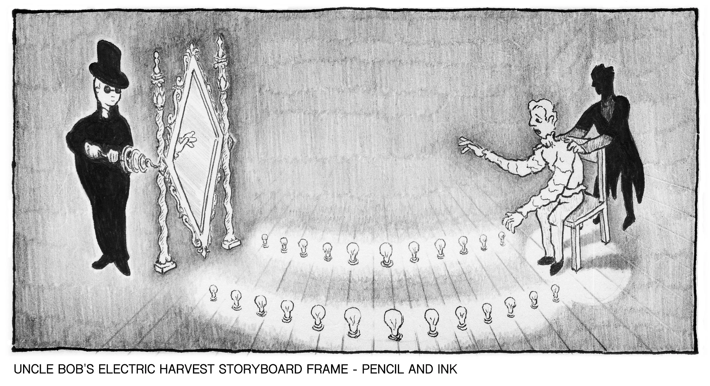A black and white cartoon drawing titled "Uncle Bob's Electric Harvest Storyboard Frame - Pencil and Ink" depicts a scene with two men, one seated and the other standing behind him, in front of a large ornate mirror. There are small light bulbs arran