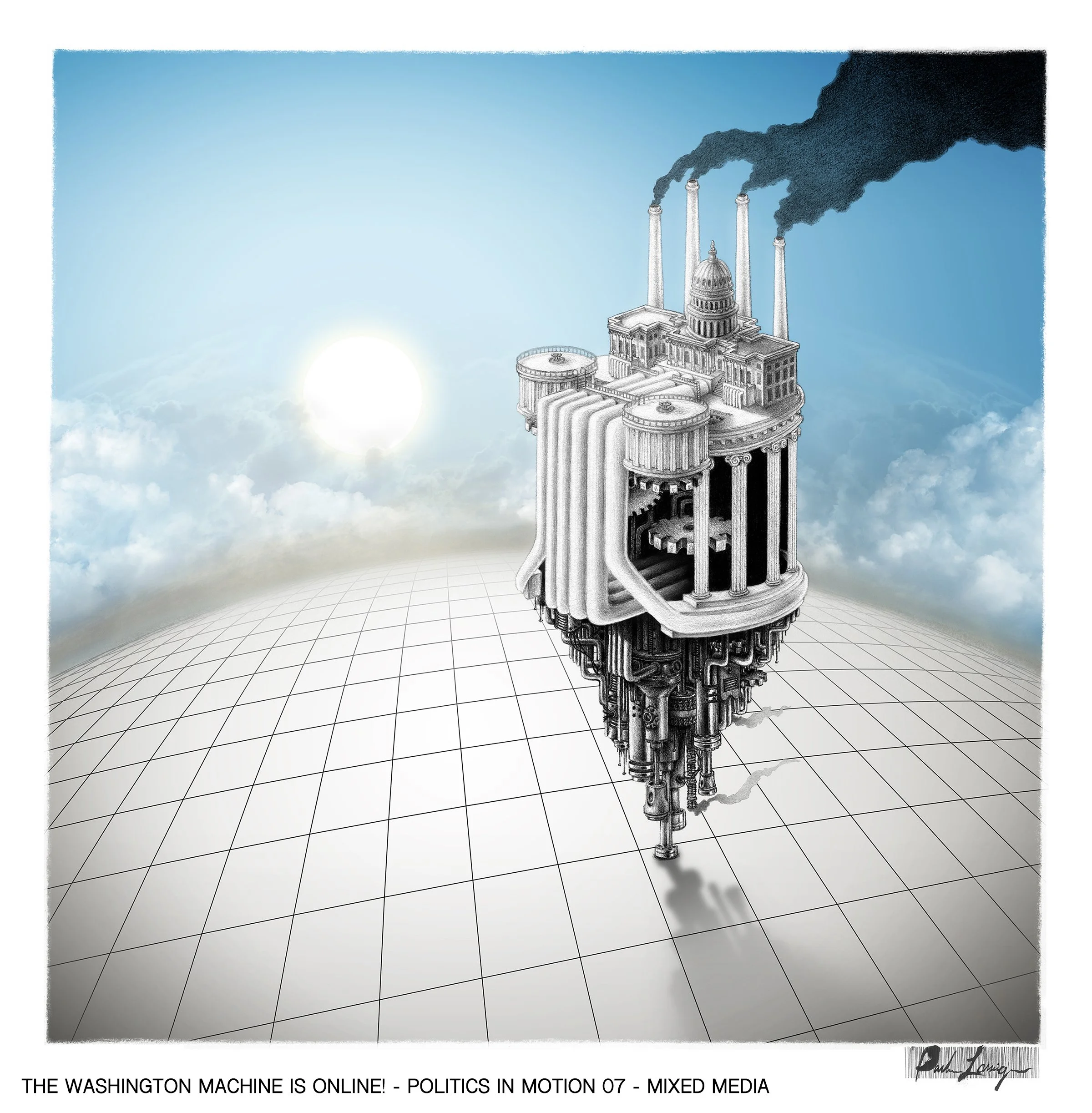A detailed illustration of the Washington Monumnent depicted as a machine with multiple gears and mechanical parts, releasing black smoke from four smokestacks. The setting appears to be in the sky with clouds and a bright sun.