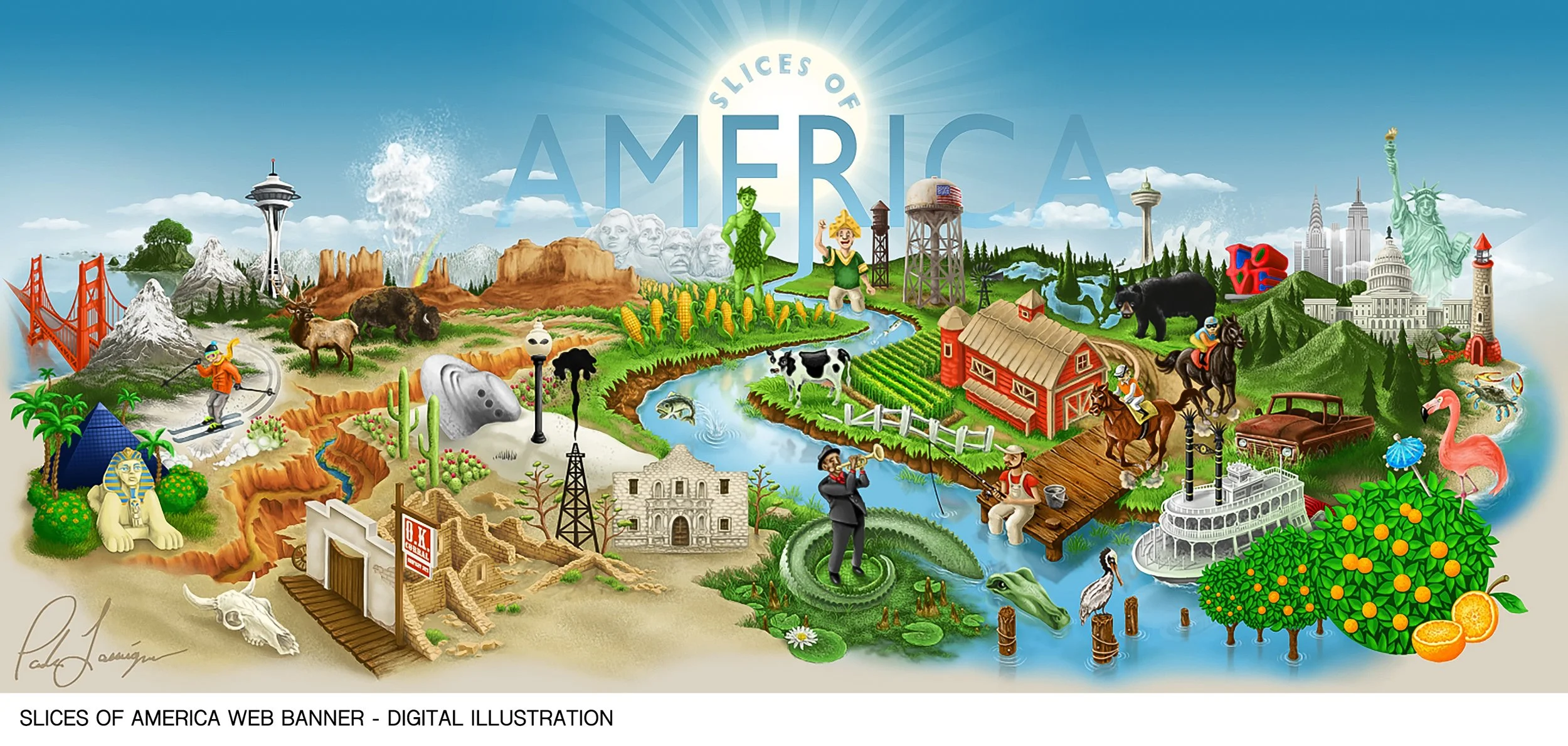 Colorful illustrated map of America featuring landmarks, animals, and cultural icons including the Golden Gate Bridge, Space Needle, Mount Rushmore, Statue of Liberty, Grand Canyon, and various wildlife such as bears, bison, and eagles. The map showc