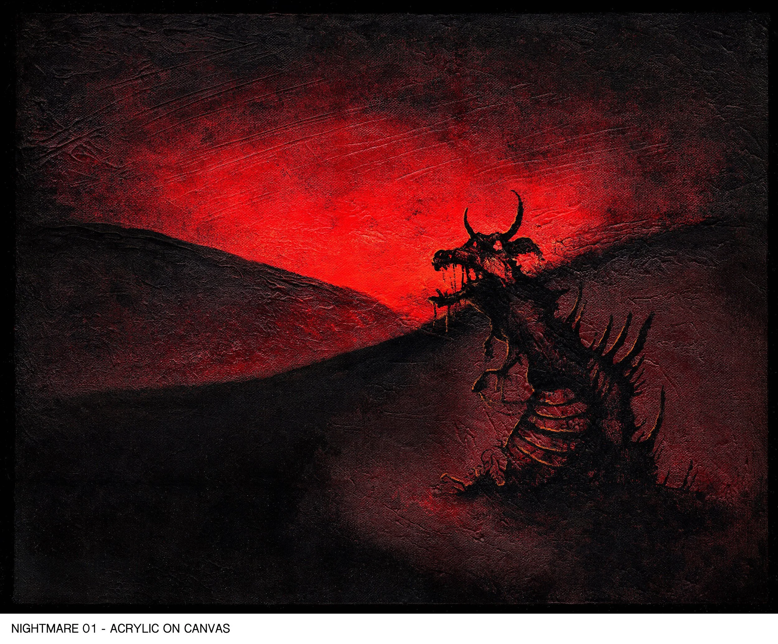 Dark textured canvas with red gradient background, featuring a black skeleton with horns and spiked tail in the foreground, titled 'Nightmare 01 - Acrylic on Canvas'.