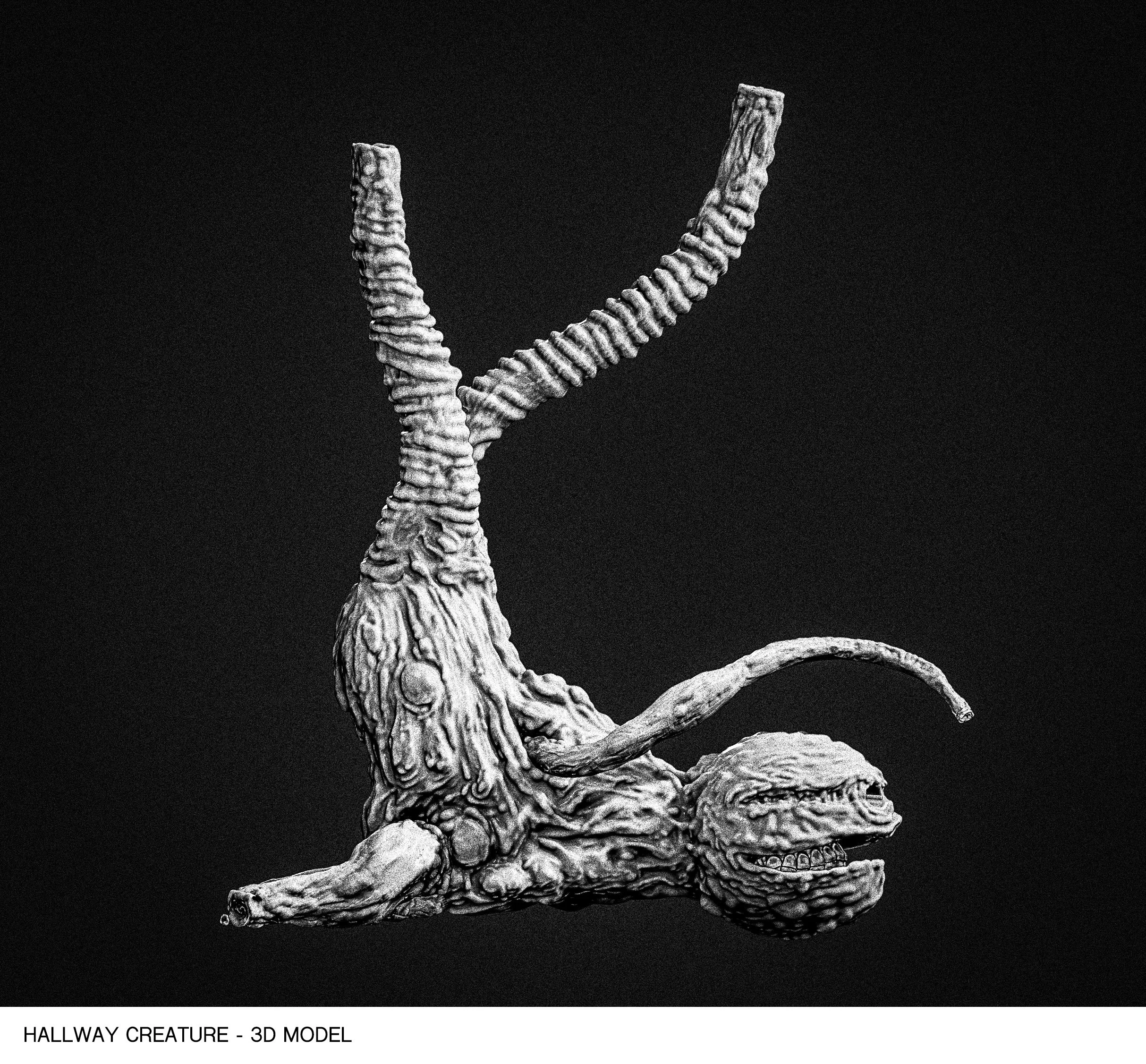 A detailed black and white 3D model of a mythical hallway creature resembling a dragon or serpent with a long, coiled body and a fierce head, set against a black background.