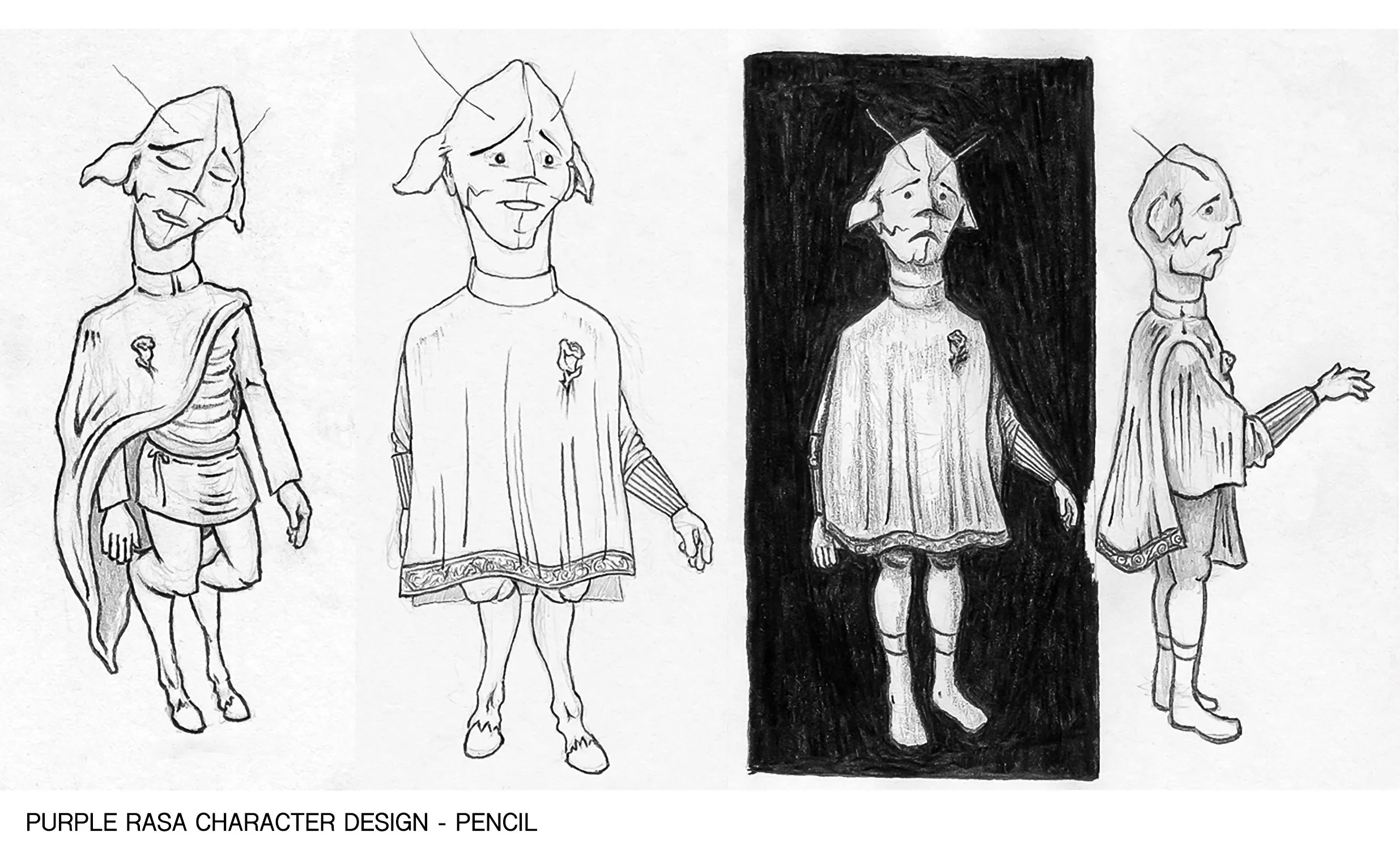 Drawing of four character designs for a purple rasa character, with variations in pose and shading, created with pencil.