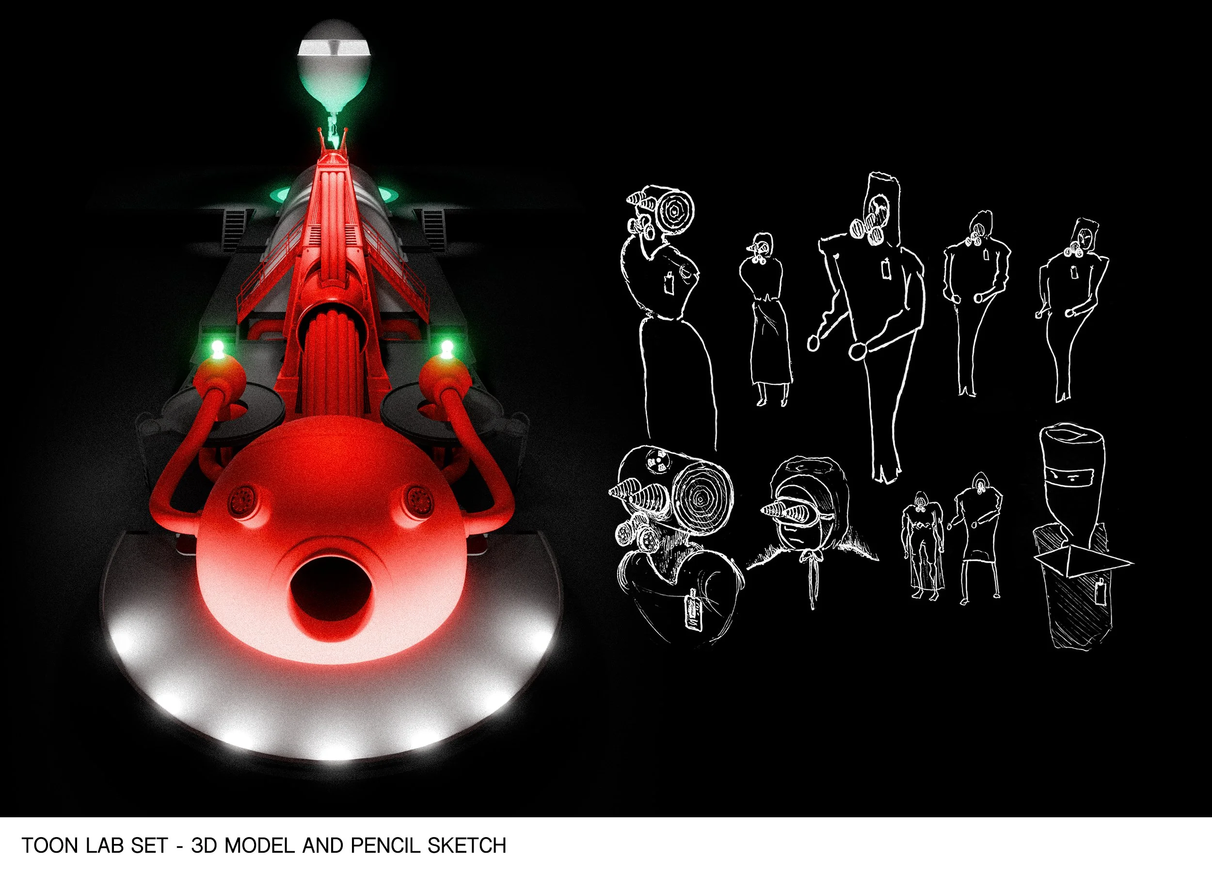 Photo of a Toy Lab Set with a 3D model of a spaceship and a pencil sketch of people and objects