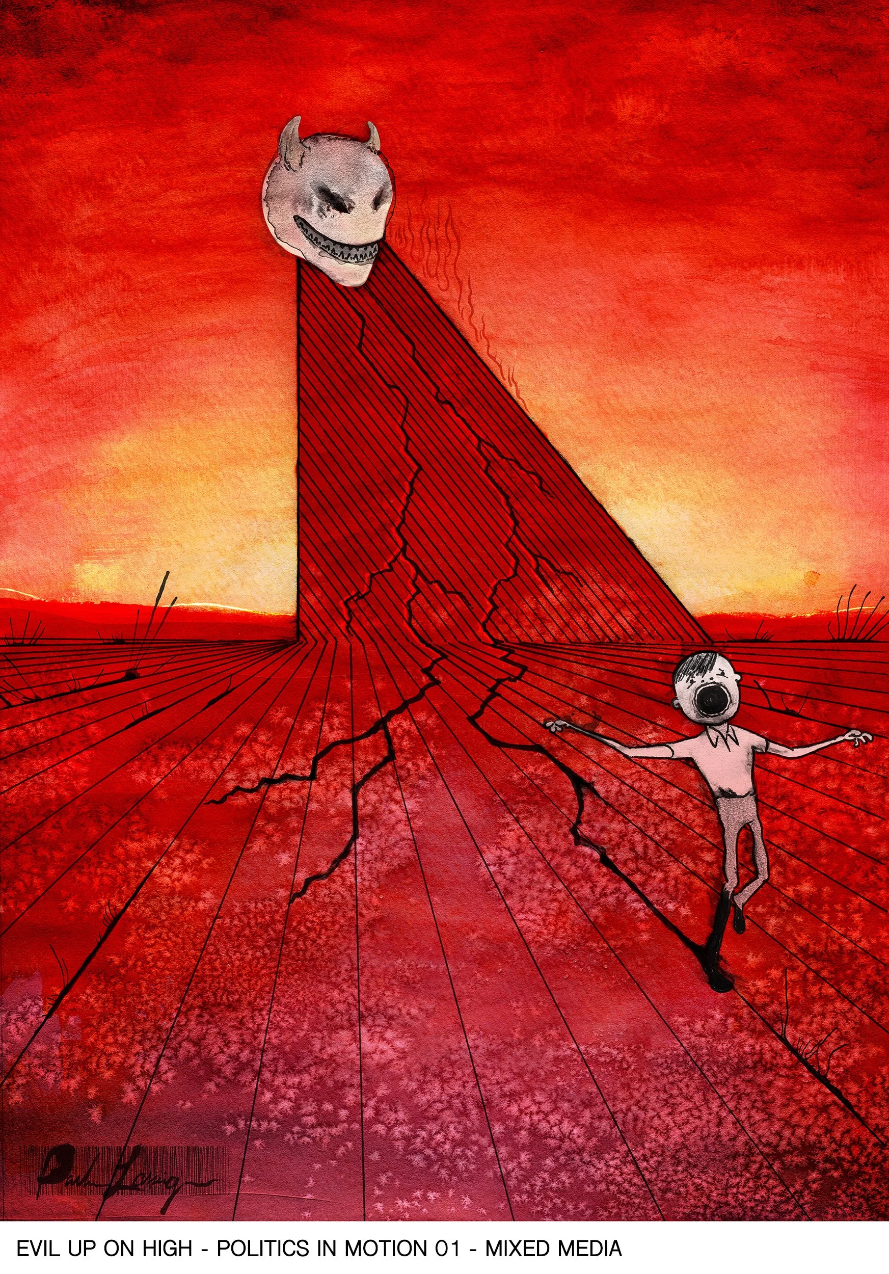 A child in a white shirt appears to be screaming or crying, with arms outstretched, on a red background with black cracks and lines radiating outward. A large, menacing, gray creature with horns, sharp teeth, and dark eyes hovers above the child.