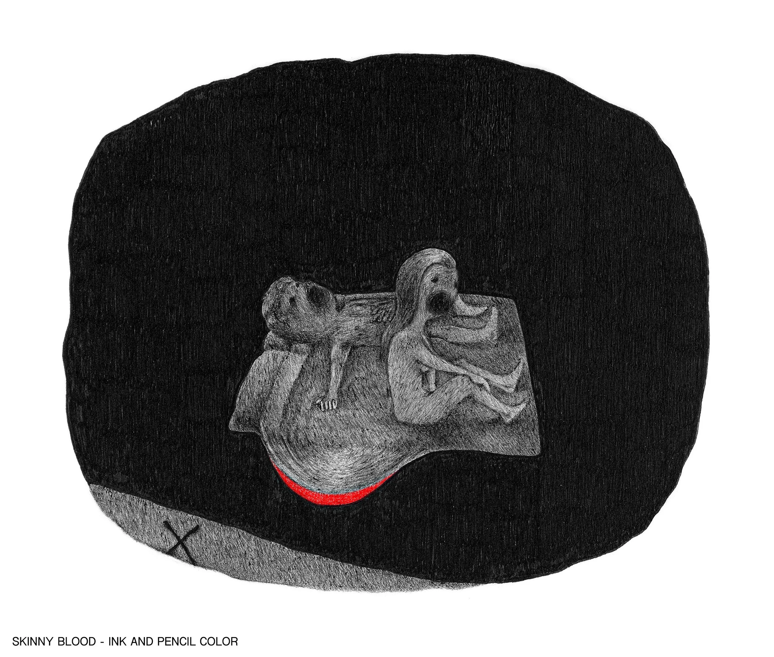 Black baseball cap with a drawing of a skull with a fat tongue and a red curved line underneath. The caption says 'SKINNY BLOOD - INK AND PENCIL COLOR'.