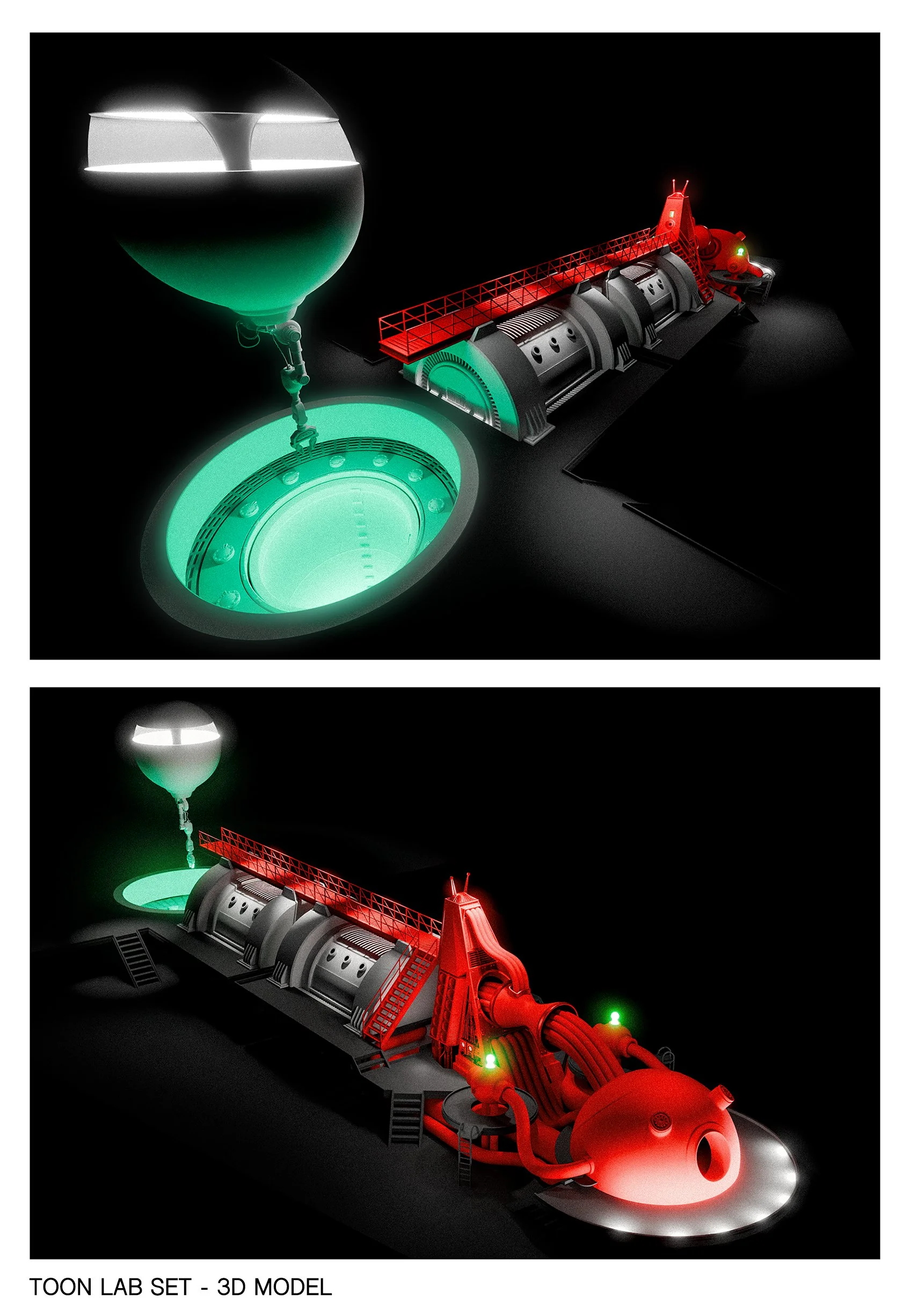 3D model of a futuristic laboratory or control room with illuminated machinery, pipes, and a large glass container connected to a platform, in red, green, and white lights.
