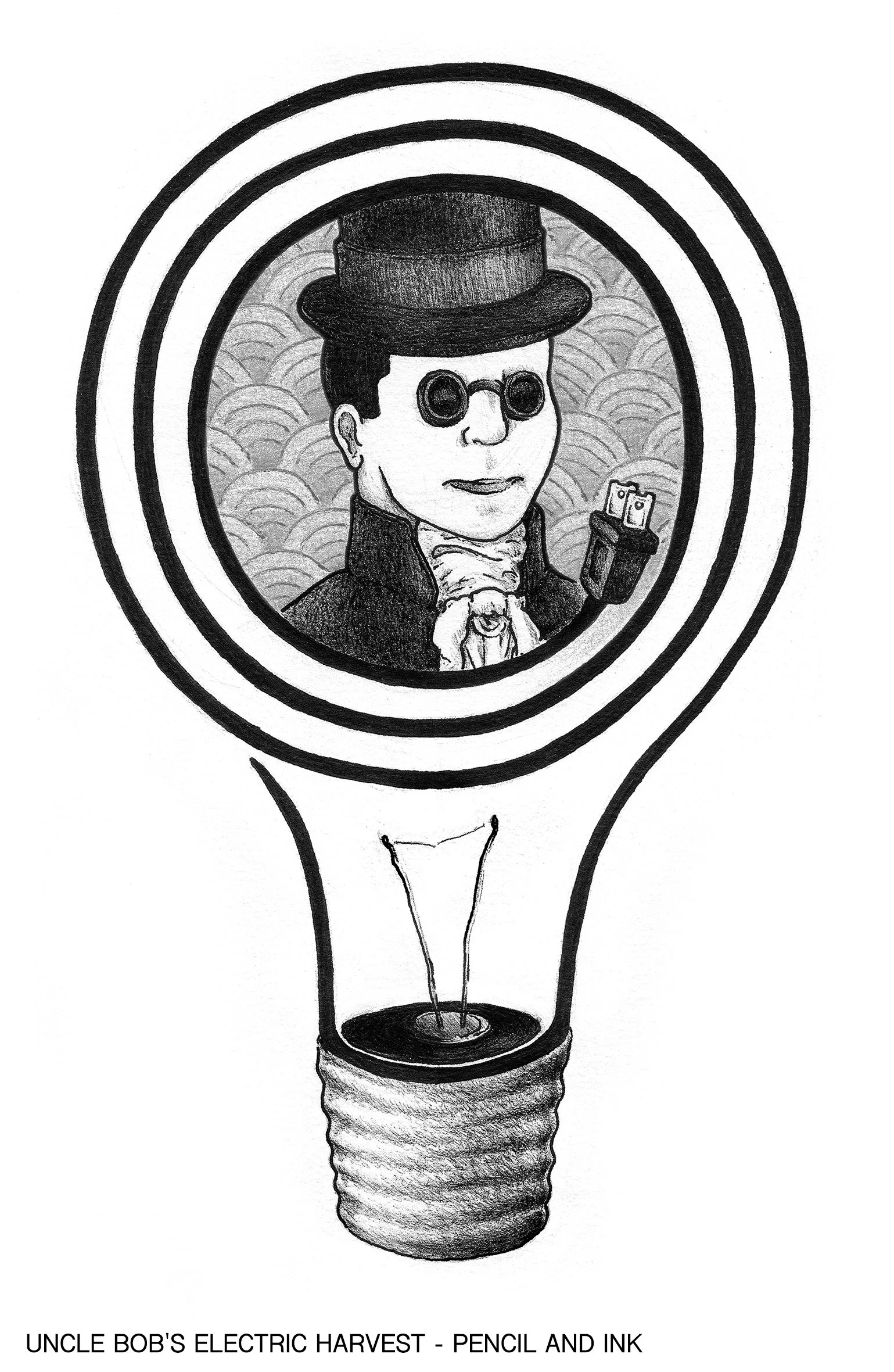 A drawing of a light bulb with a person inside it, holding a smartphone, dressed in vintage clothing with a top hat and round goggles. The background features patterned clouds, and the bottom text reads "Uncle Bob's Electric Harvest - Pencil and Ink.