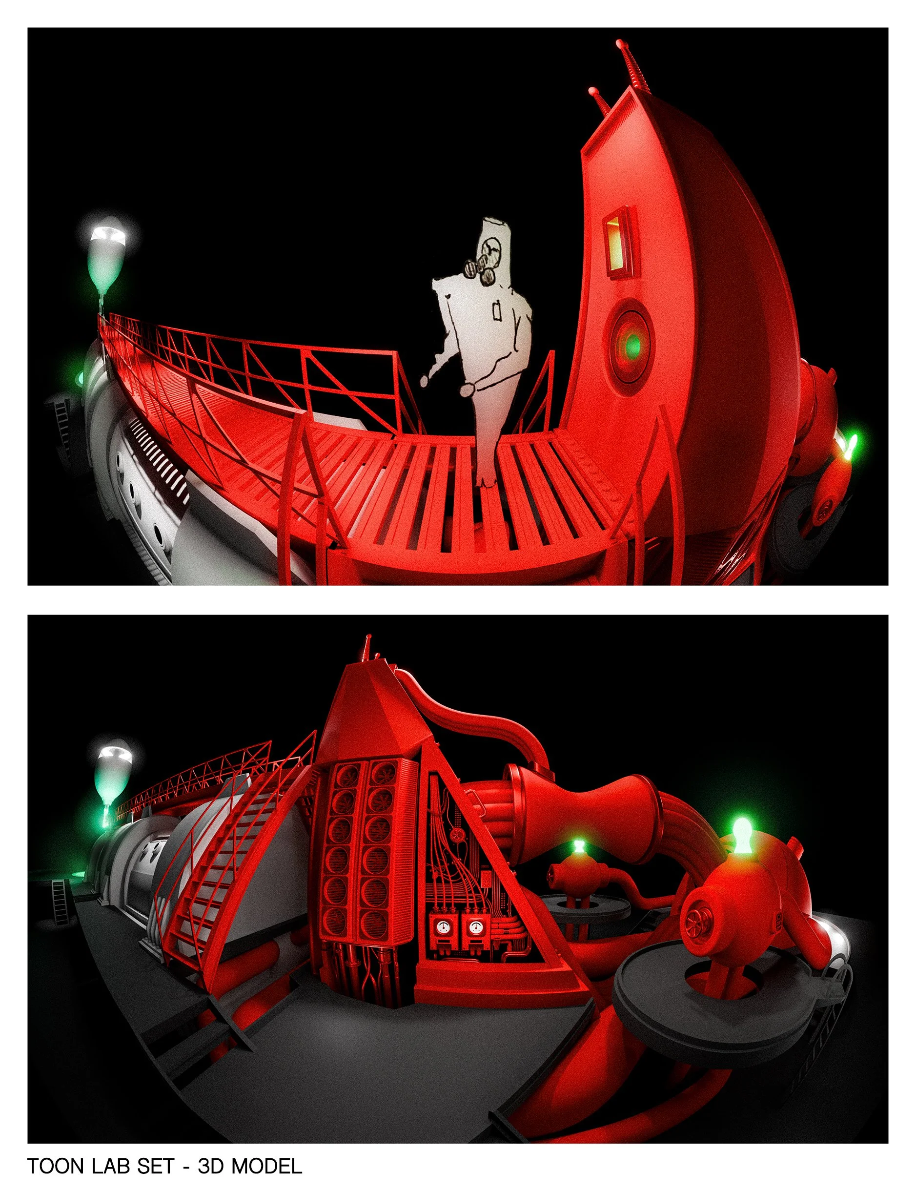 A 3D model of a cartoon-style laboratory set featuring a large red slide, a bridge, a gear, and robotic elements, illuminated with green and white lights against a black background.