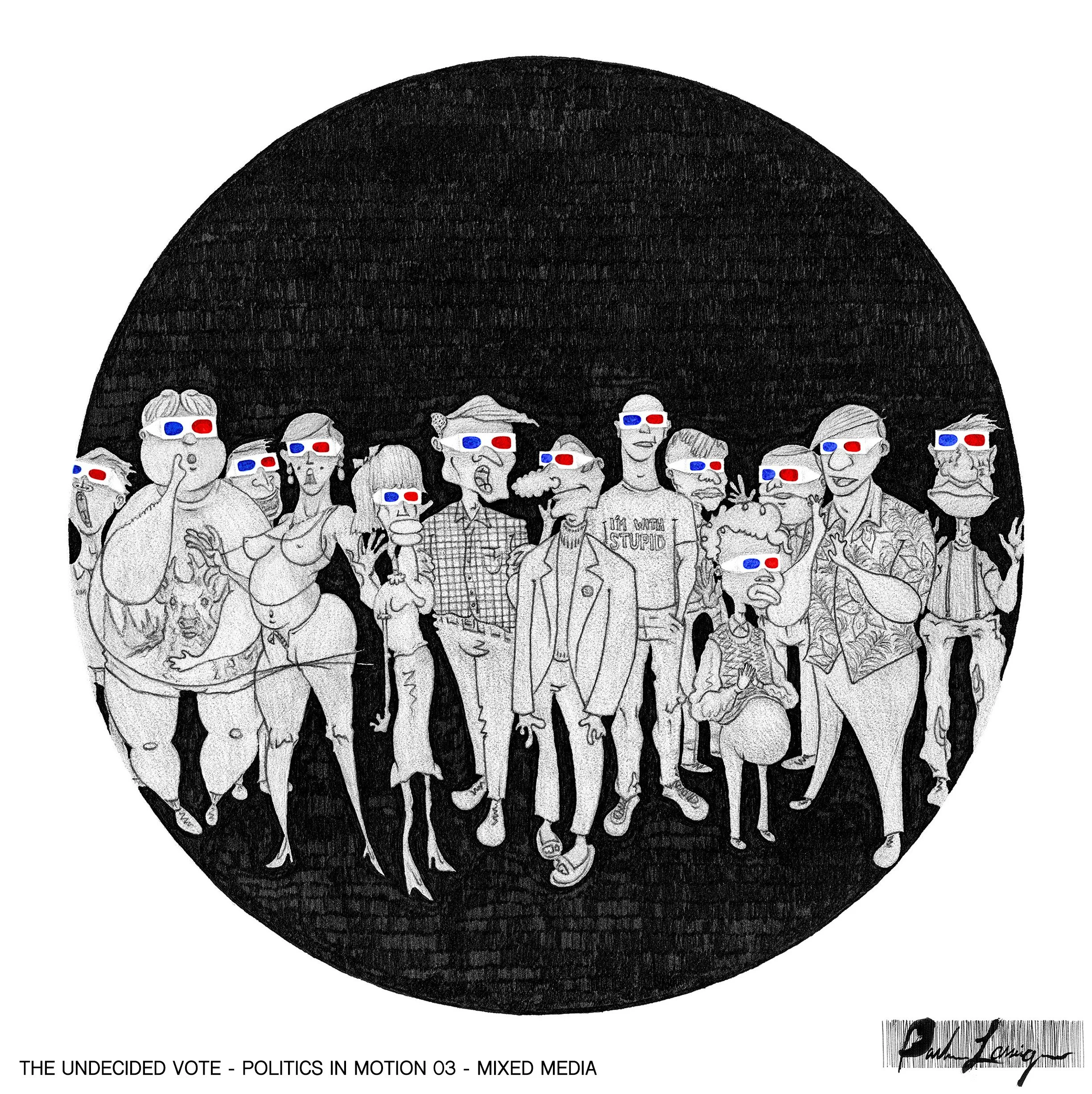 Black and white illustration of a large group of people, all wearing 3D glasses, standing in front of a black circular shape. Some individuals are positioned with various expressions and gestures, including taking photos and talking. There is a strip