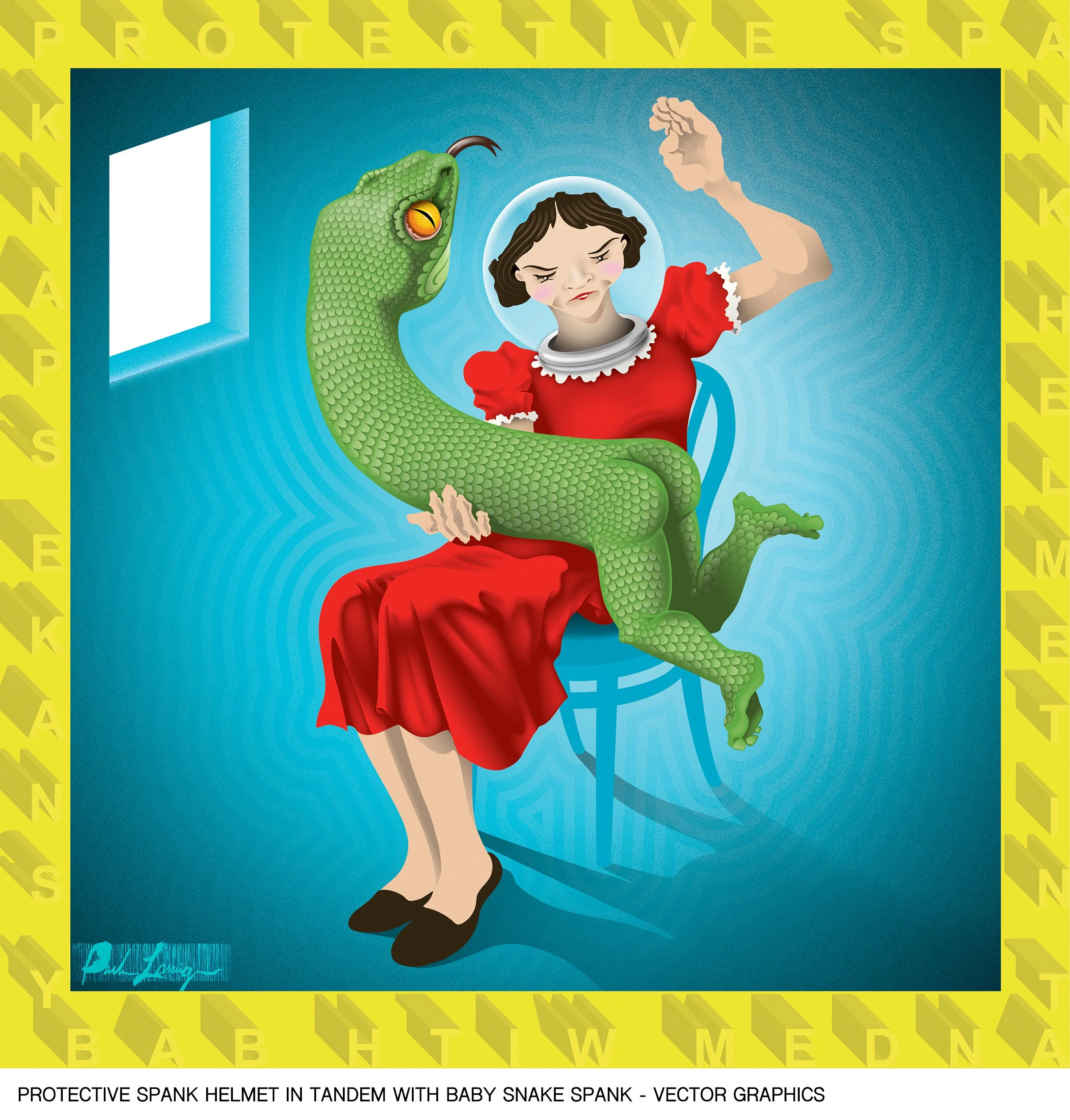 Graphic illustration of a woman wearing a protective spank helmet in tandem with a baby snake spank, with a background featuring yellow pattern and the words 'Protective Spank'.