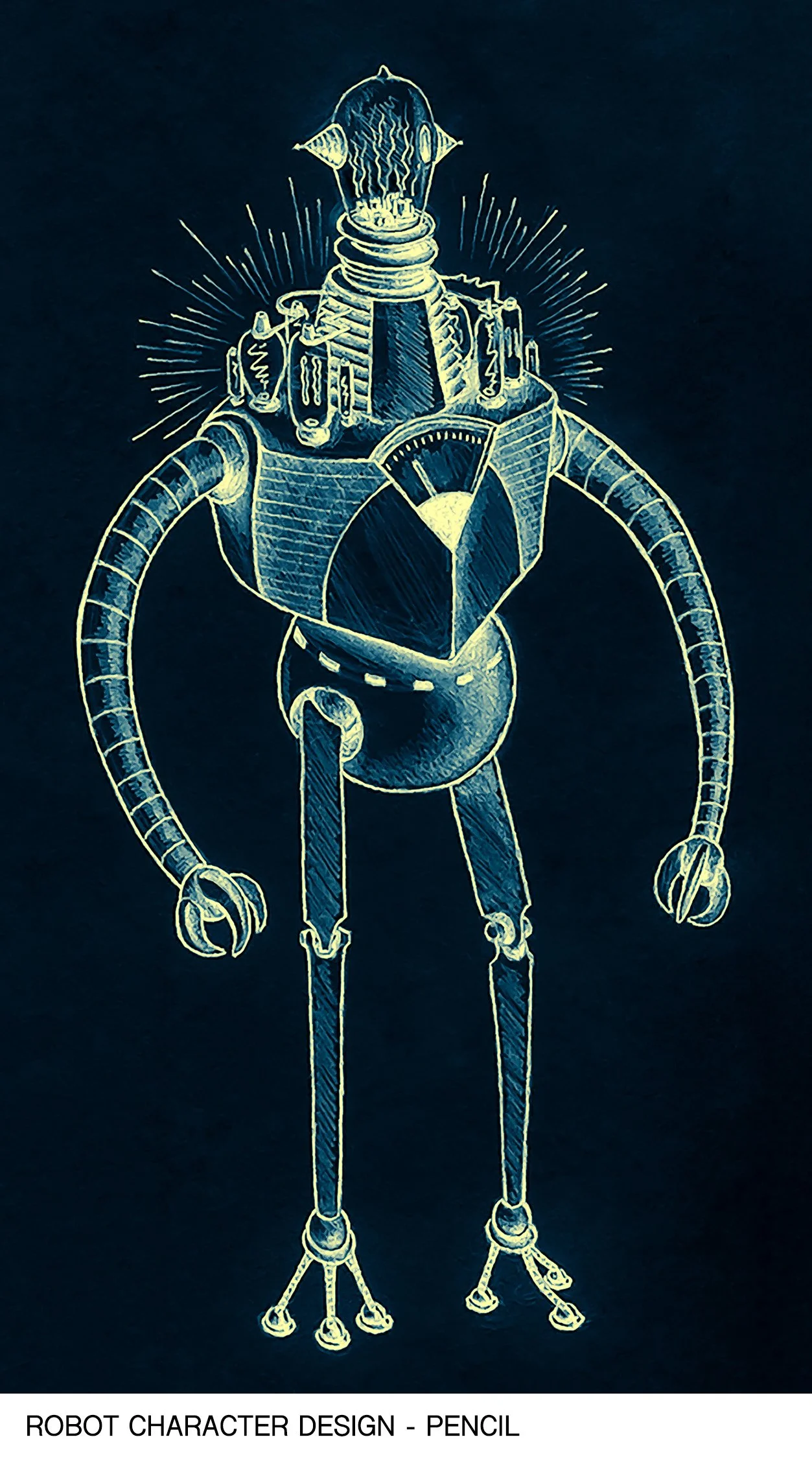 A digital sketch of a robot character design on black background, featuring a tall, slender robot with long, flexible arms, a rounded body, and a head with antennae. The robot has mechanical joints and robotic features, with lines radiating from its 