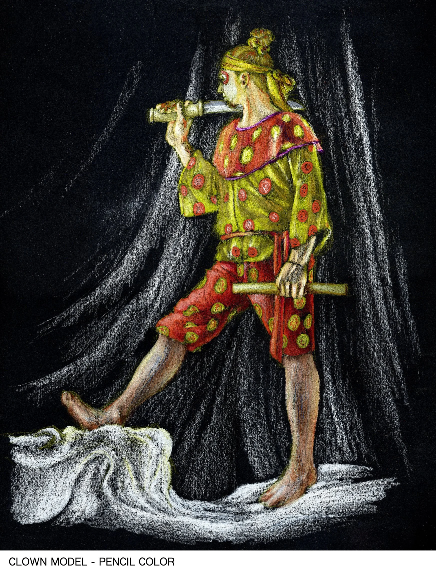Color drawing of a clown model holding a wooden stick and looking through a telescope, standing on a rocky surface with dark background.