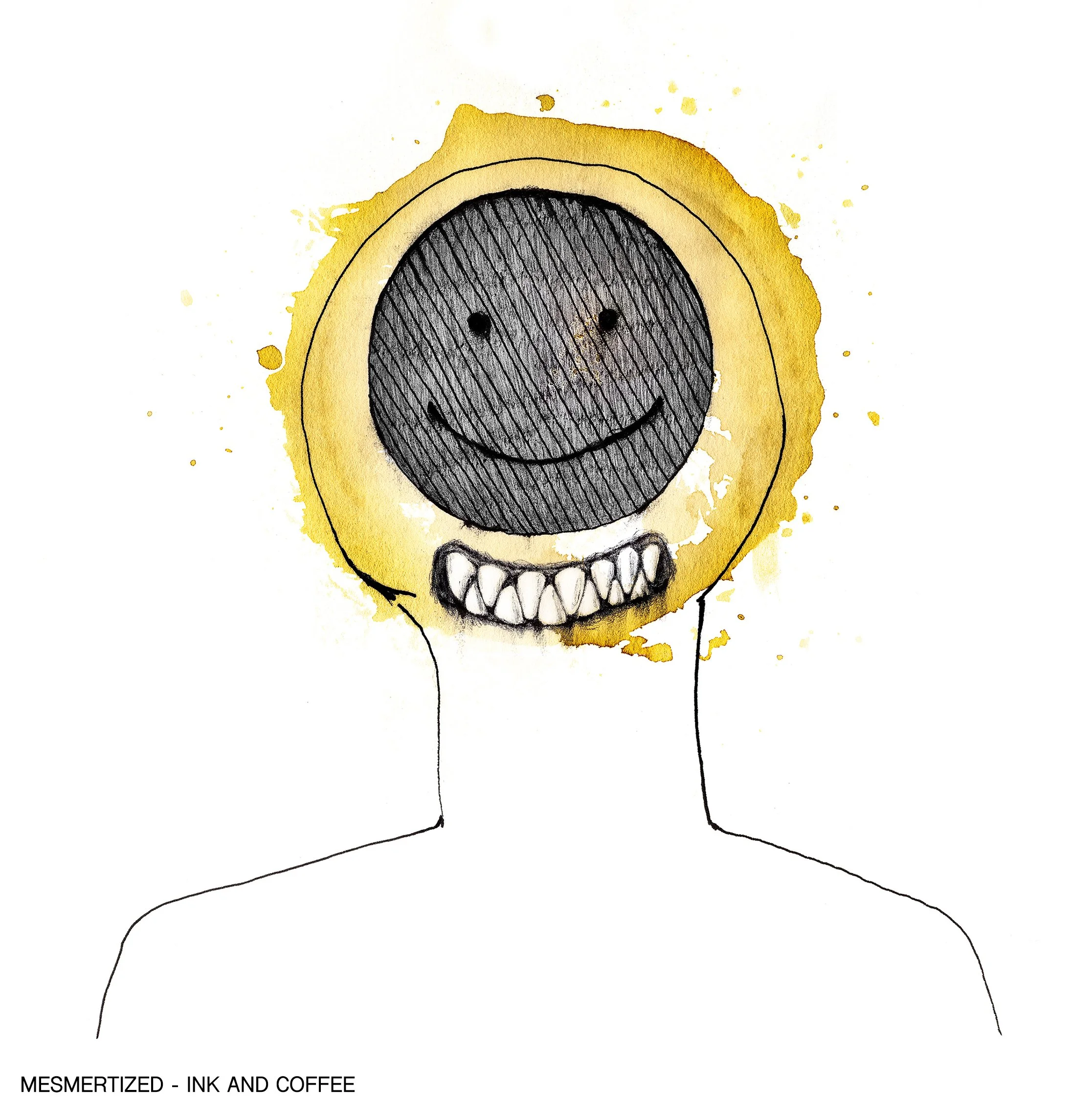 A minimalist sketch of a person with a smiley face as a black coffee mug and a yellow coffee cup as the head, with a white background and ink-style black outlines.
