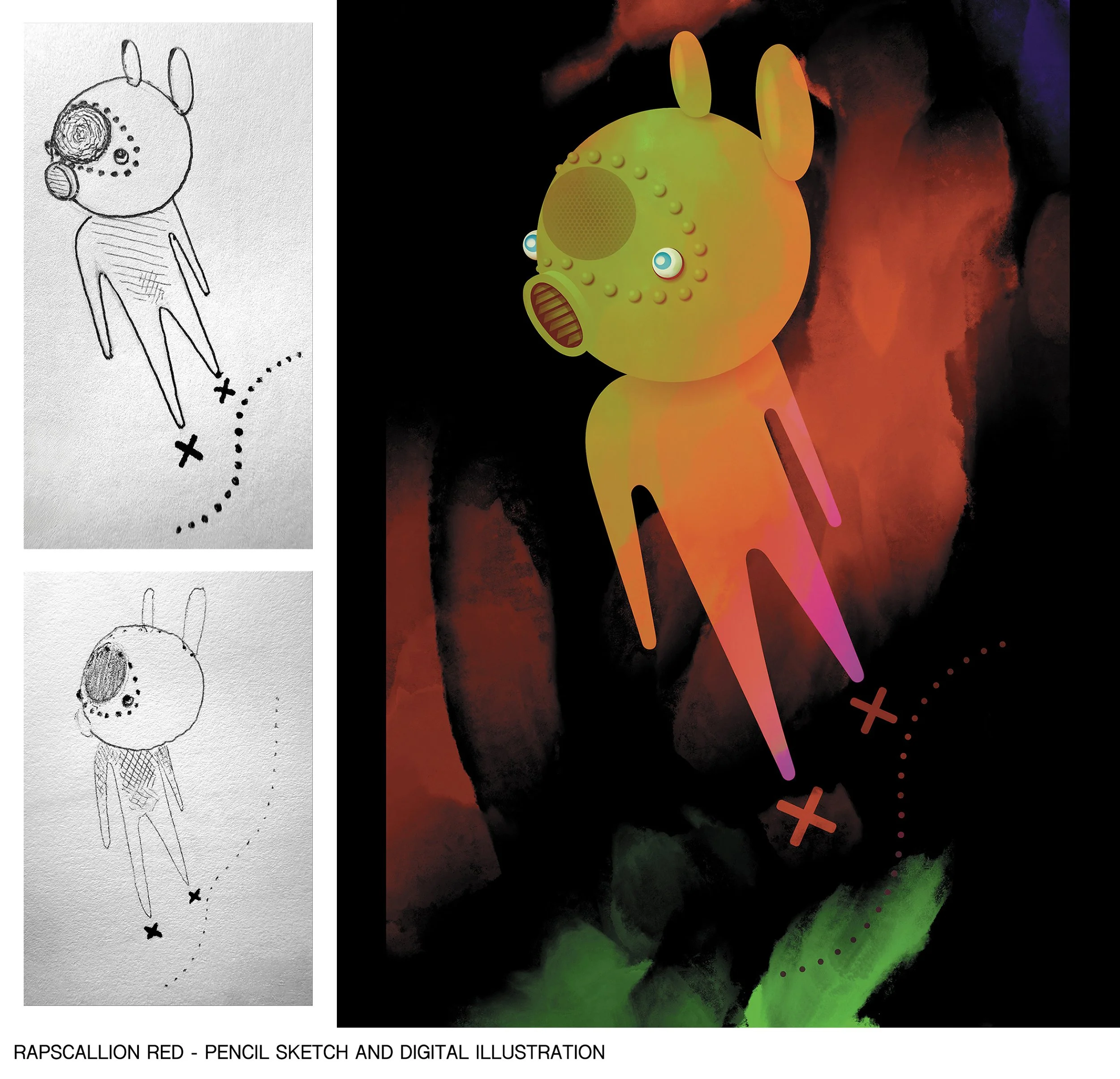 Sketch and animated digital illustration of a yellow fish with large eyes, fins, and a gaping mouth, against a dark and colorful background.