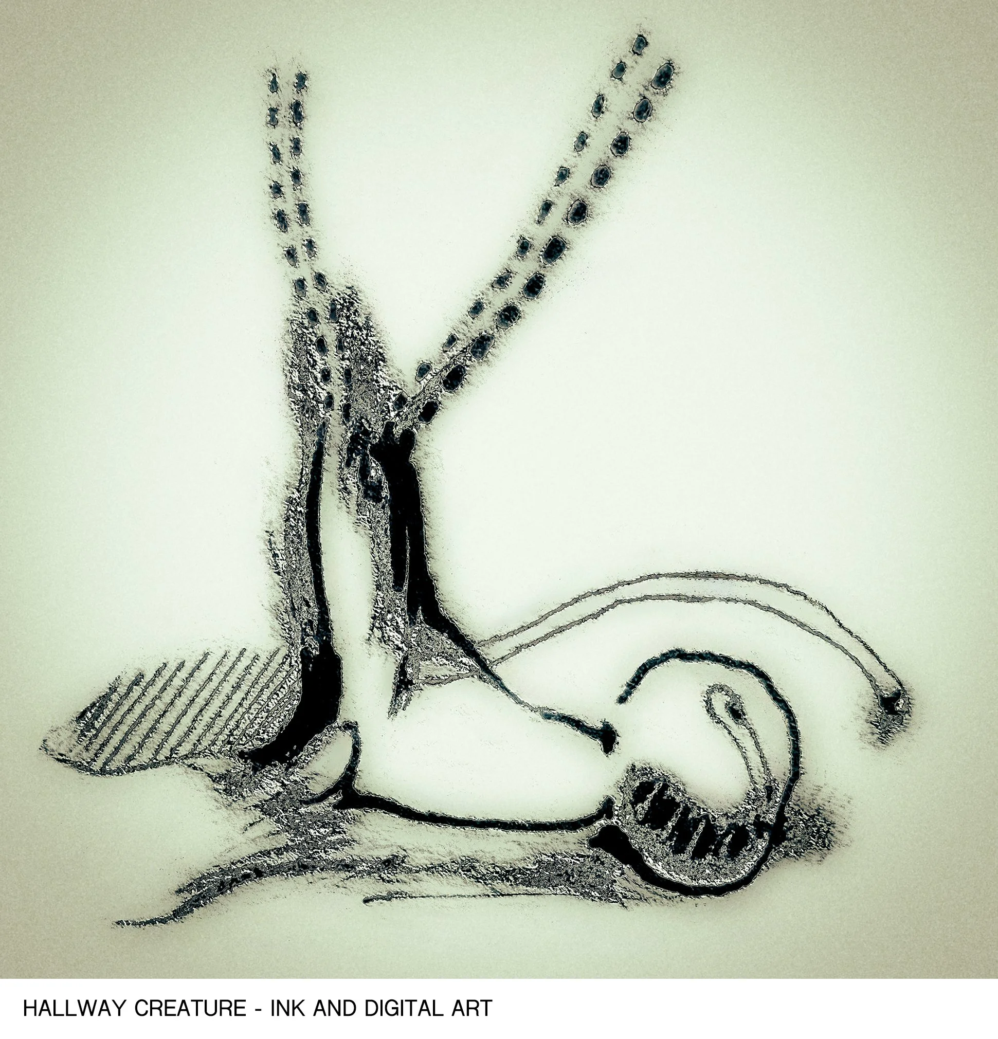 Line drawing of a creature or plant with multiple stalks and a curled vine at the bottom, labeled as 'Hallway Creature - Ink and Digital Art'.
