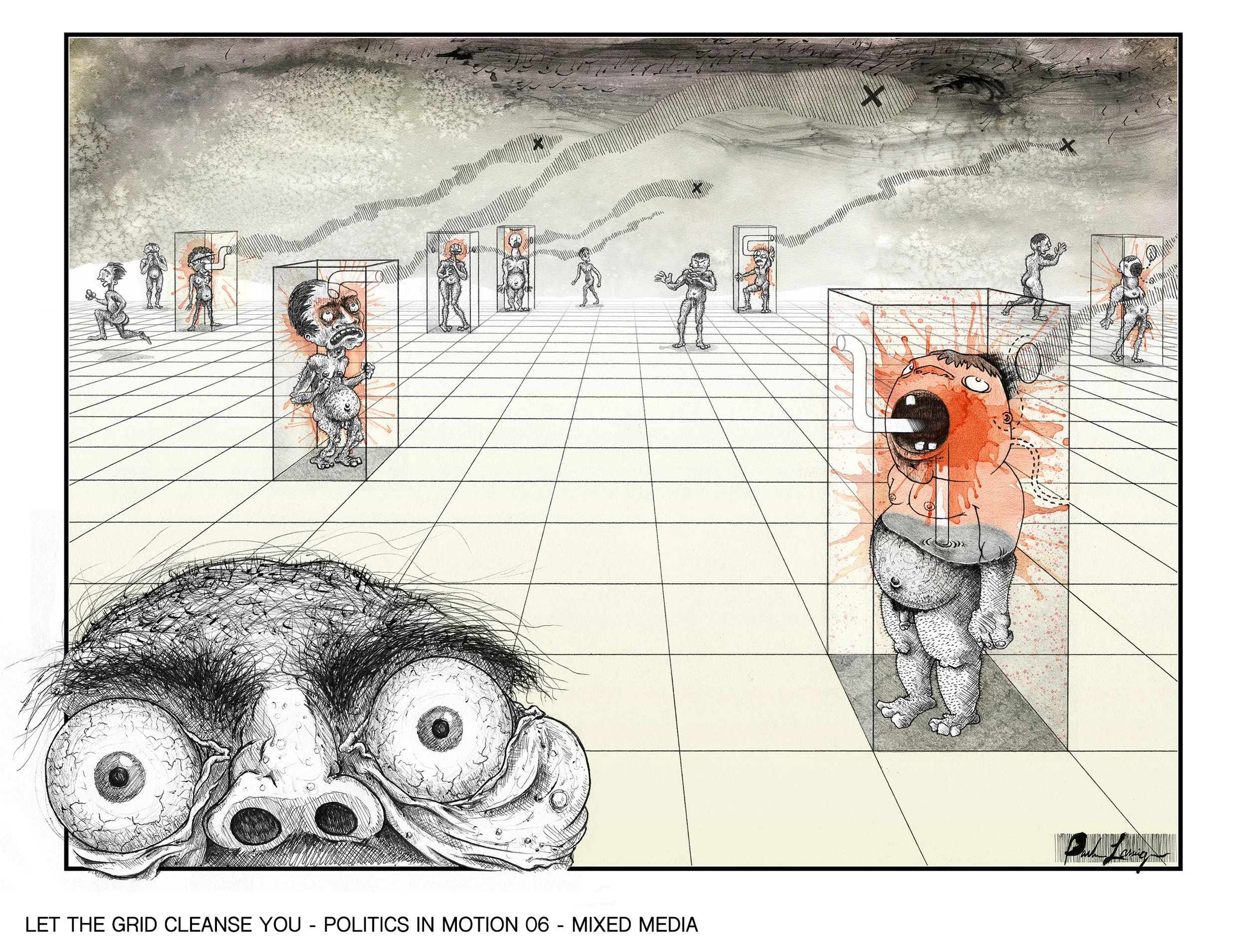 A surreal artistic illustration featuring abstract and cartoonish characters and faces, with some contained within rectangular frames, set against a cloudy sky background. The image includes elements of politics and chaos, with red splashes resemblin