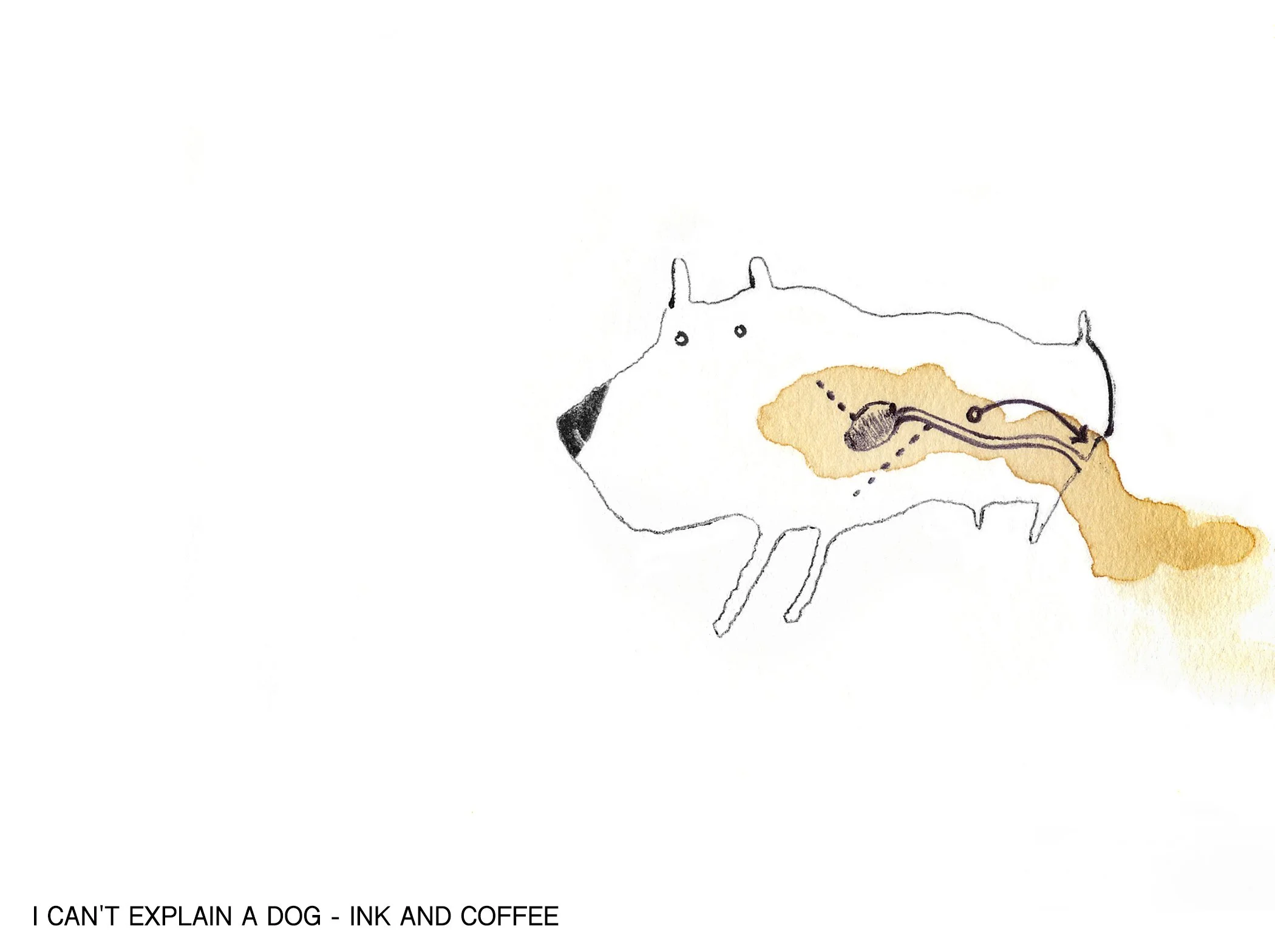 A simple line drawing of a dog, with a cup of coffee and a small drawn dog inside the coffee. The background includes brown watercolor splashes. The caption below reads: 'I CAN'T EXPLAIN A DOG - INK AND COFFEE'.