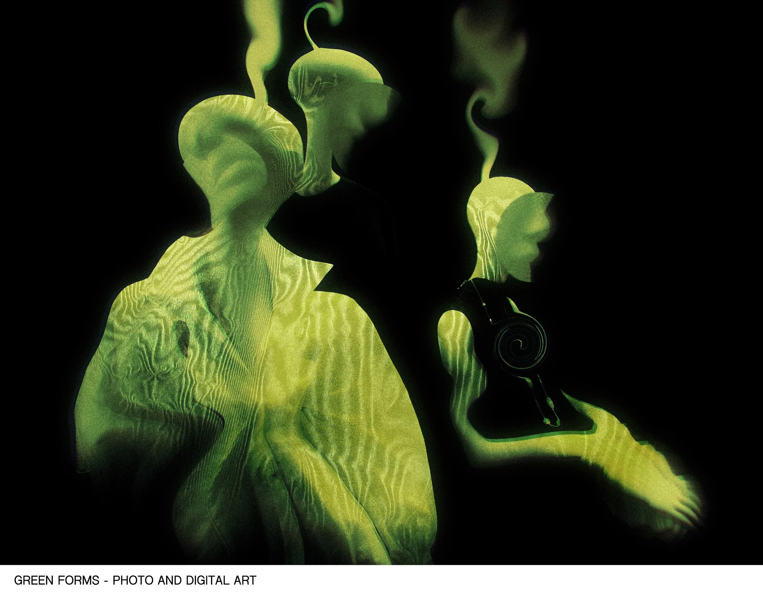 Abstract digital art of green plant-like forms and swirling shapes on a black background.