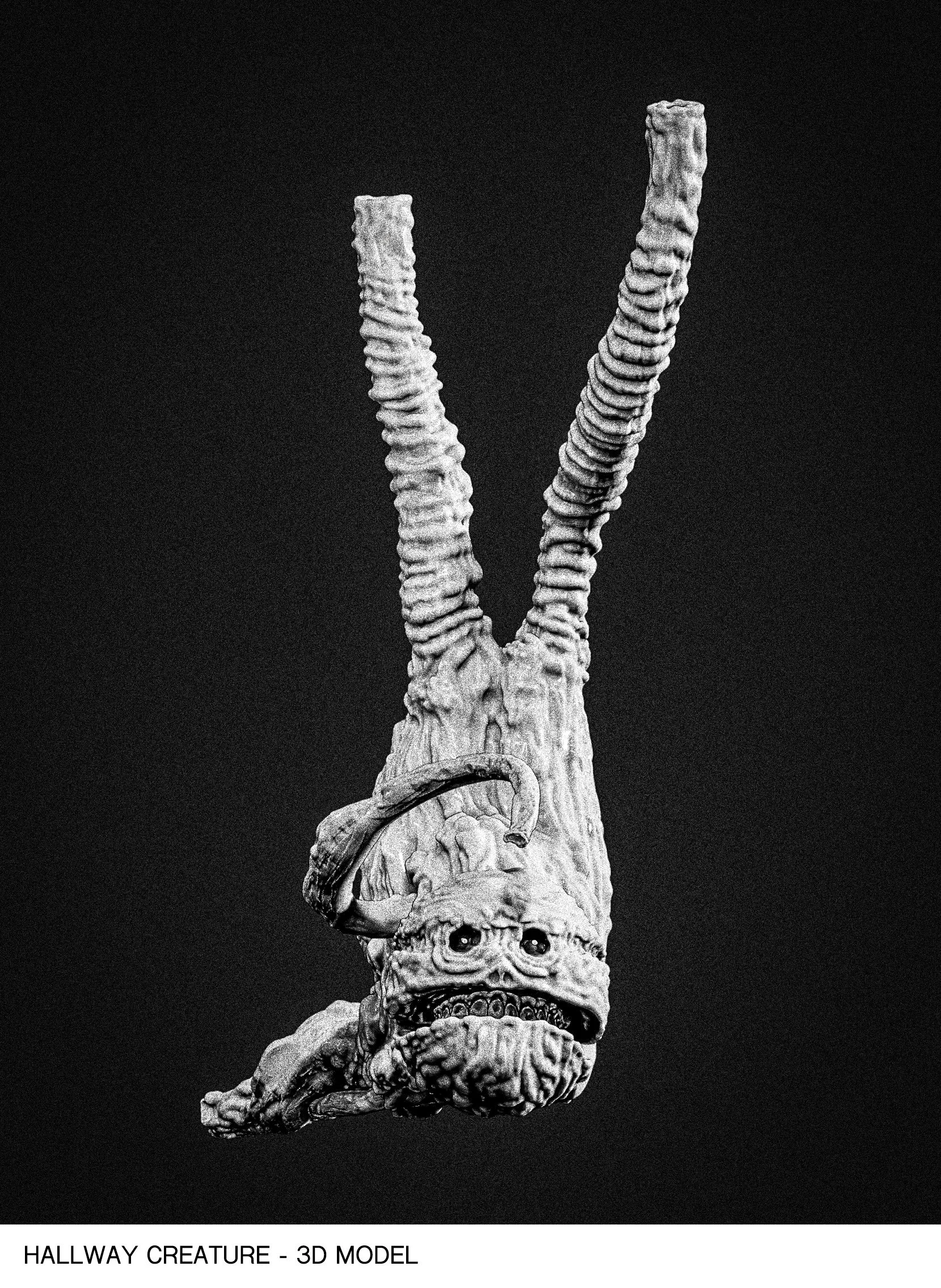 A 3D model of a hallux creature, resembling a mythological or fantasy being with intricate, textured features and a fierce expression. The model is monochrome and set against a black background.