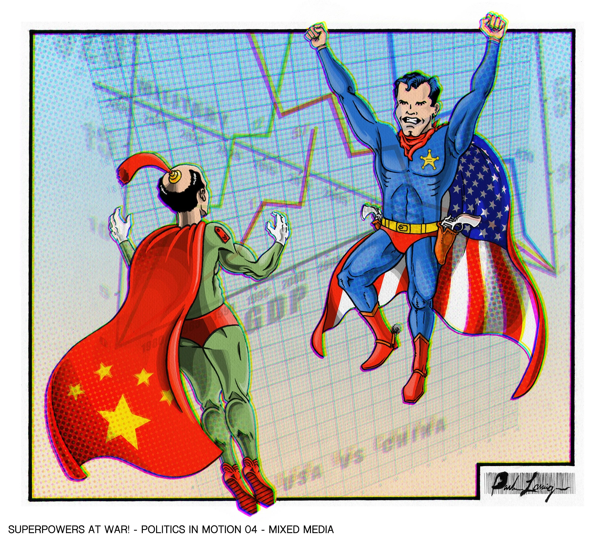 Comic-style illustration of a superhero man dressed in blue with an American flag cape, raising his fists in victory in front of a graph display. A young person, dressed in green and red with a red cape, looks up to him with admiration. The scene sug
