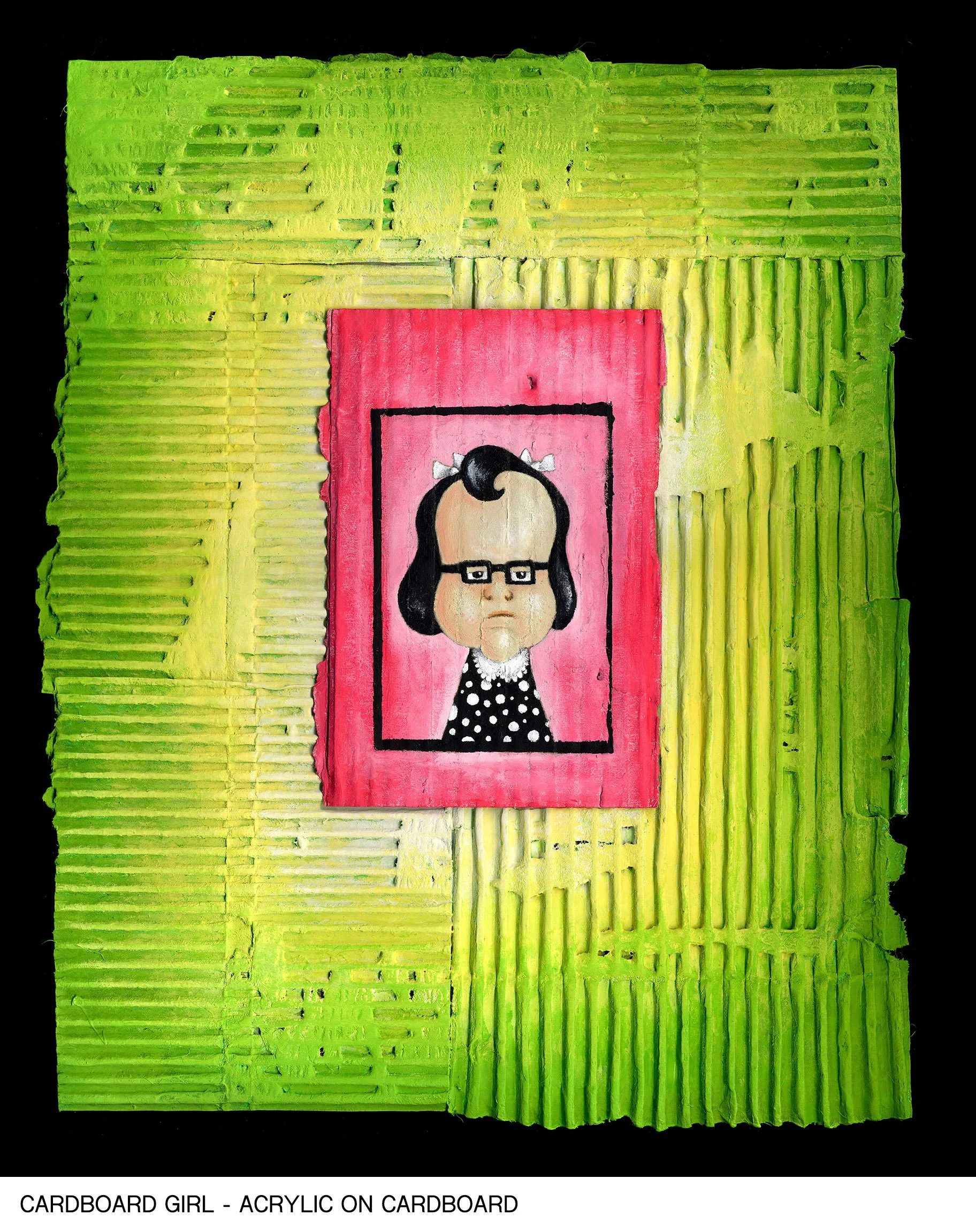 A colorful artwork on cardboard featuring a girl with black hair, glasses, and a polka dot dress, framed in red and set against a textured green background.
