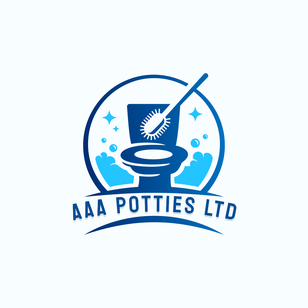 Logo for AAA Potties Ltd featuring a stylized toilet with a cleaning brush, surrounded by bubbles and stars.