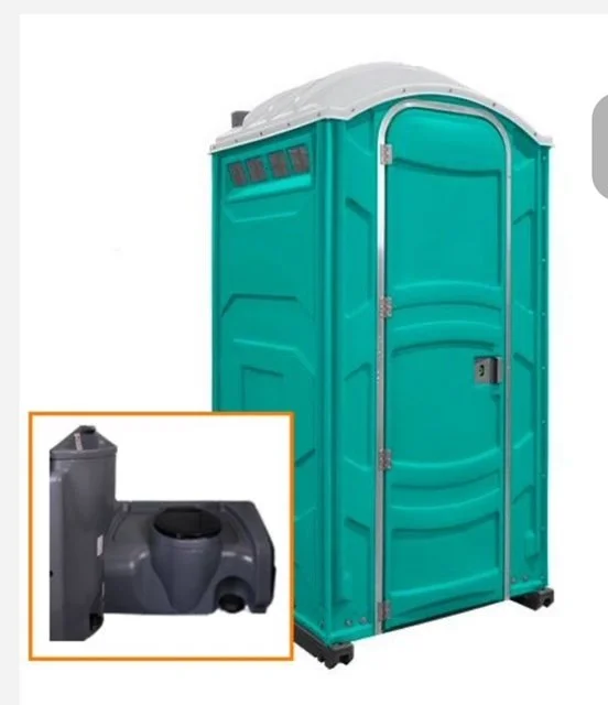 Portable toilet with close-up inset of interior tank and seat.