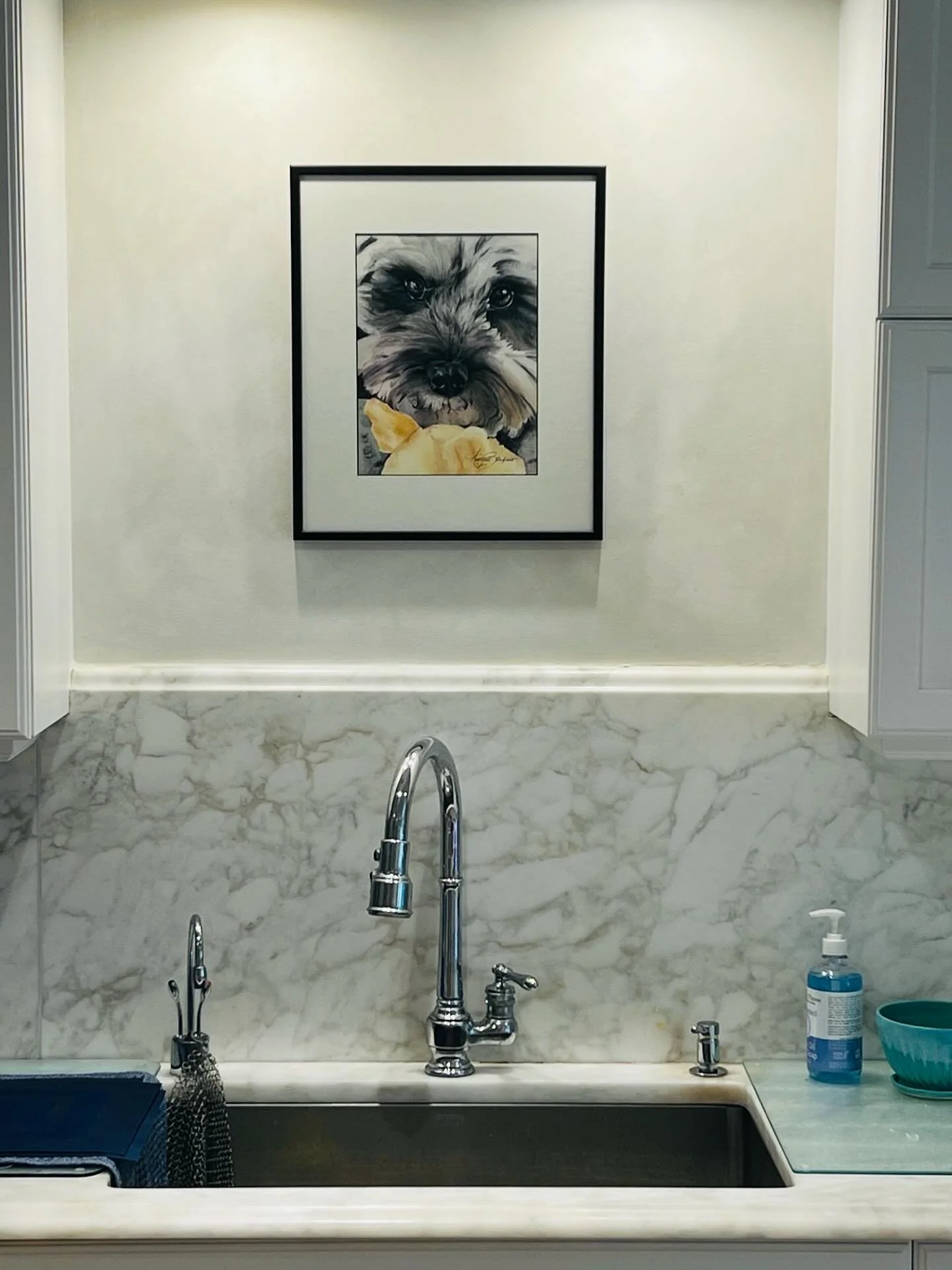 Maestro in His Spot &mdash; From day one, his mom knew exactly where she wanted his portrait; right above the kitchen sink. Now Maestro gets to keep her company in the heart of the home, &ldquo;supervising&rdquo; the dishes and sharing his fun-loving