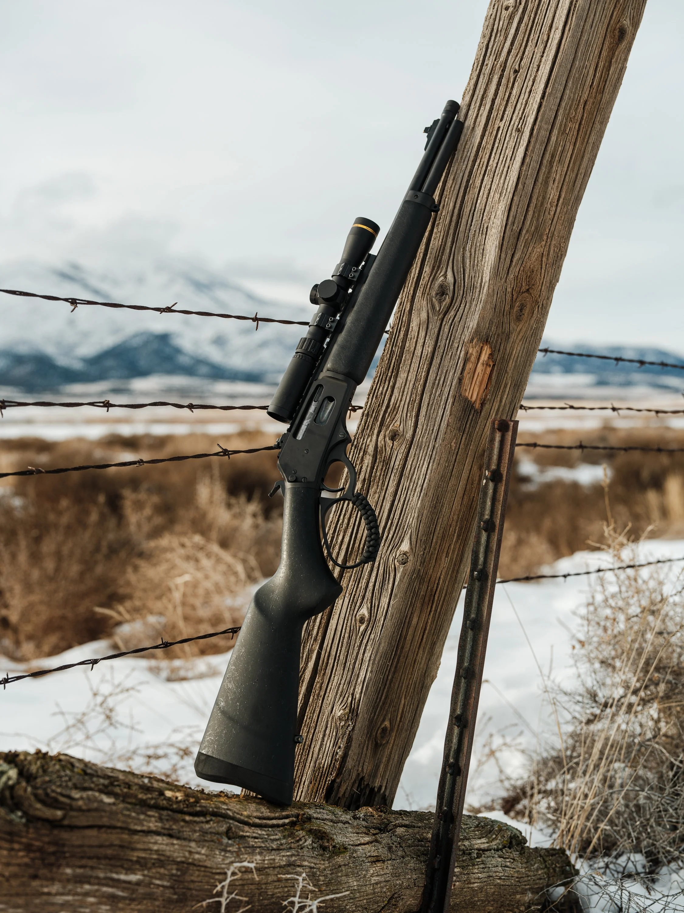 Rifle leaning against a wooden fence post in a snowy, rural landscape with mountains in the background.