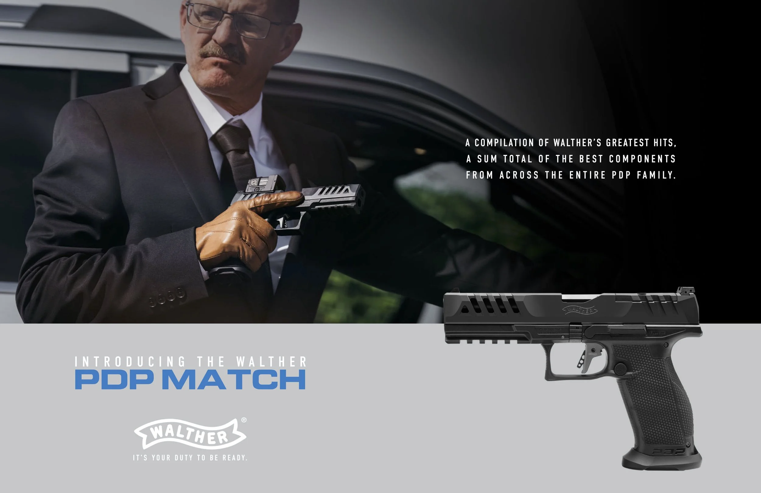 Man in a suit holding a Walther PDP Match pistol near a car, promotional text on the right, Walther logo and tagline below.