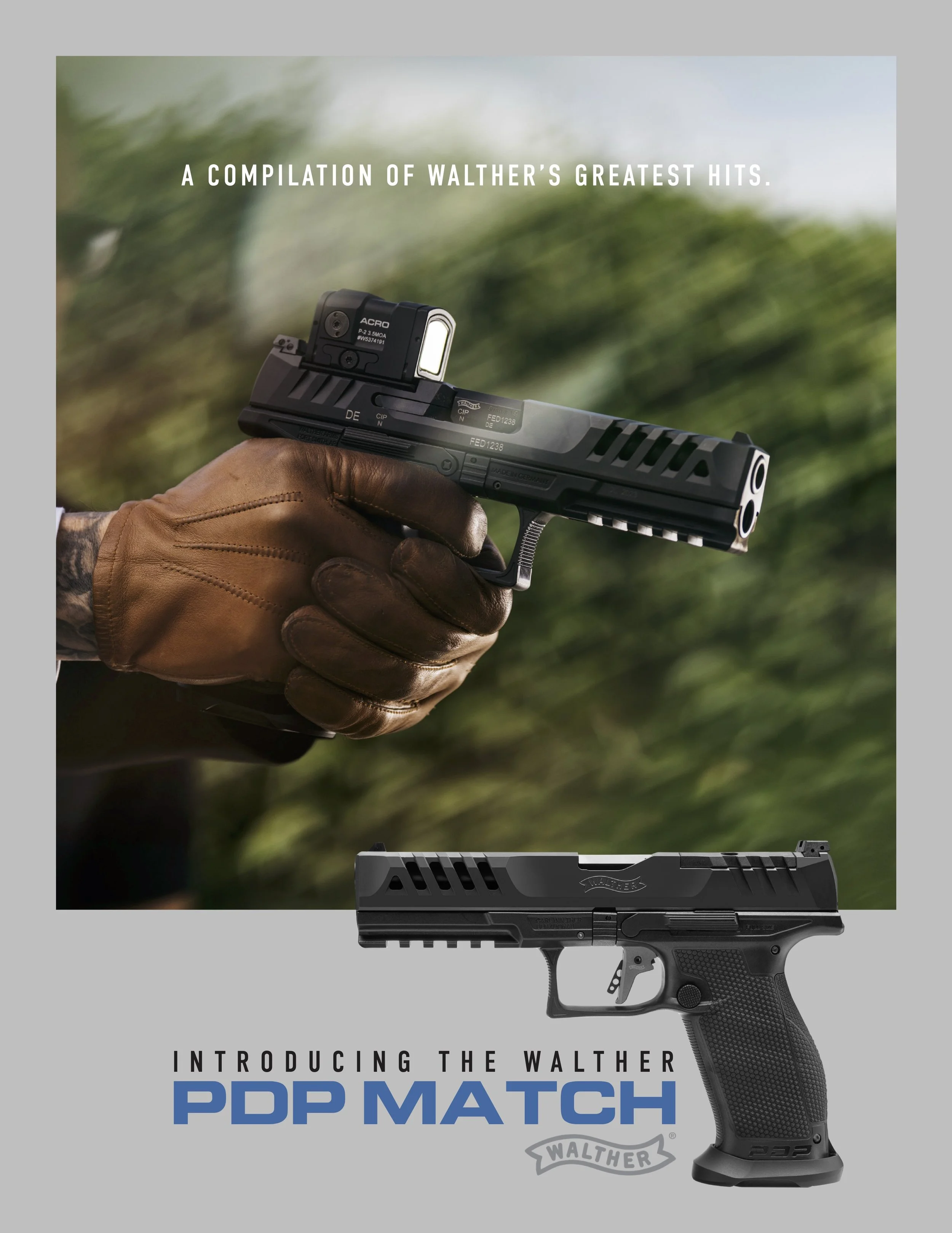Image showcasing Walther PDP Match handgun with a red dot sight, held in a gloved hand. Text reads 'A Compilation of Walther’s Greatest Hits' and 'Introducing the Walther PDP Match.' Walther logo included.