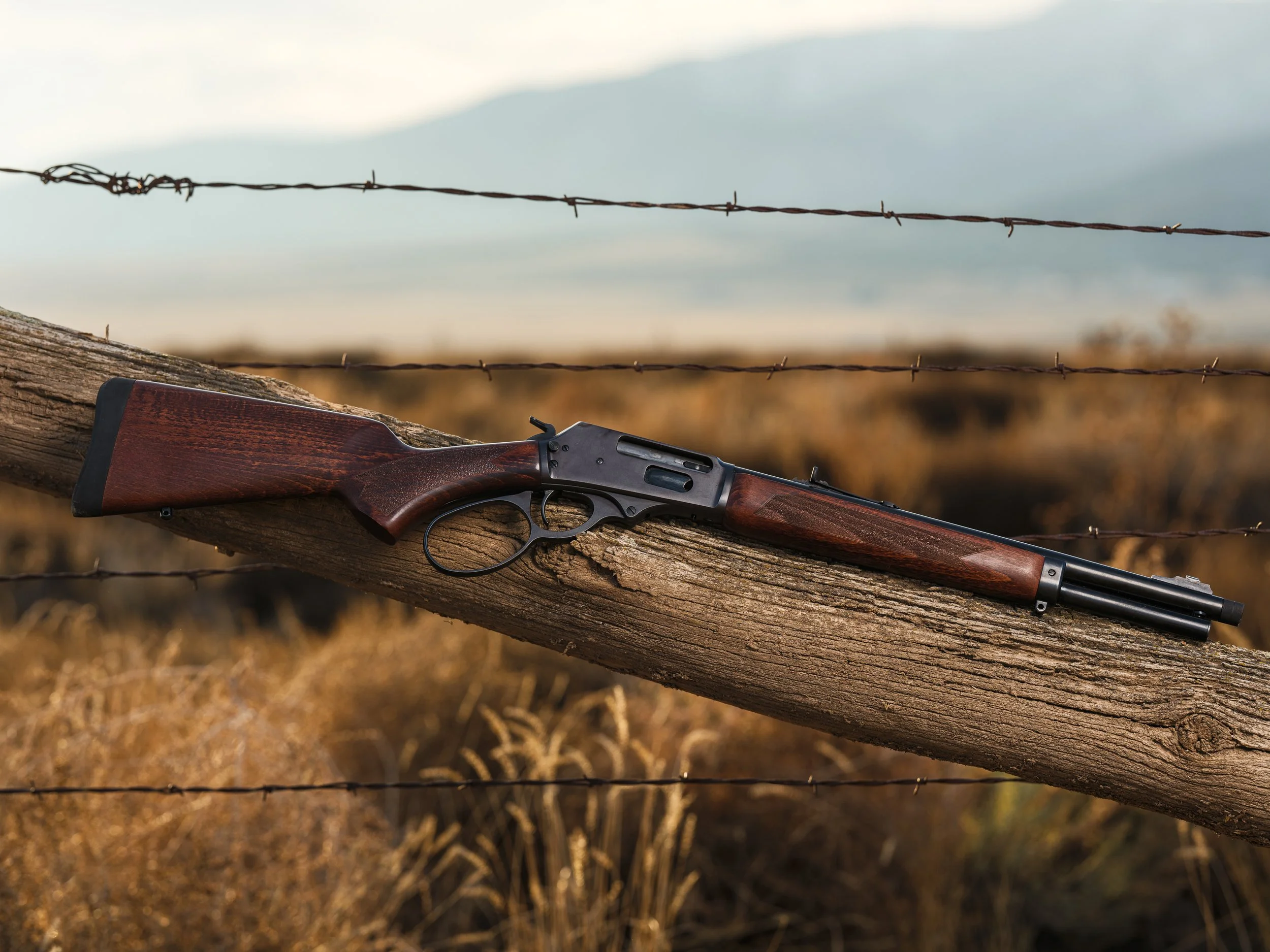 Lever-action rifle resting on a wooden fence in a rural landscape.