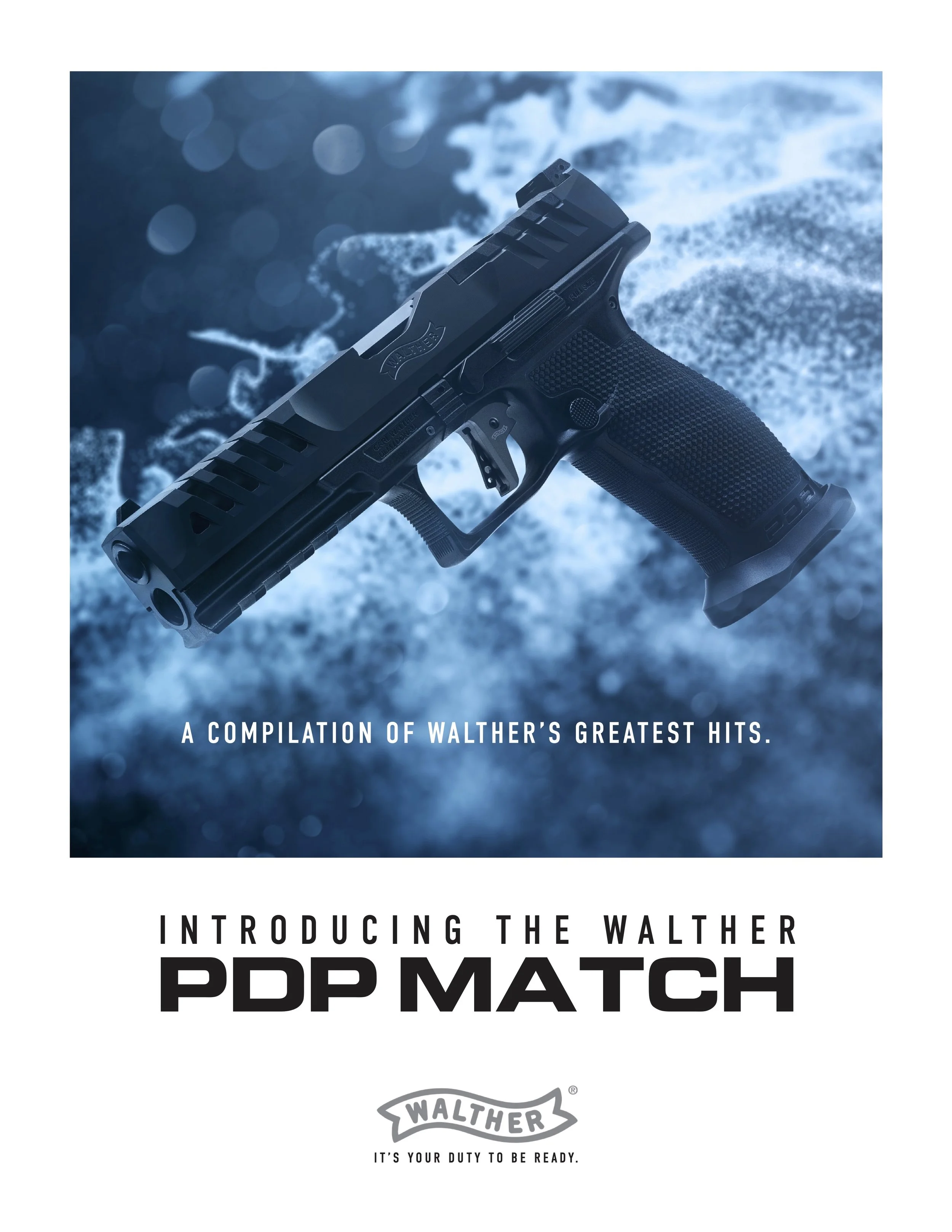 Promotional image of the Walther PDP Match pistol on a blue background with text highlighting the product's introduction and brand slogan.
