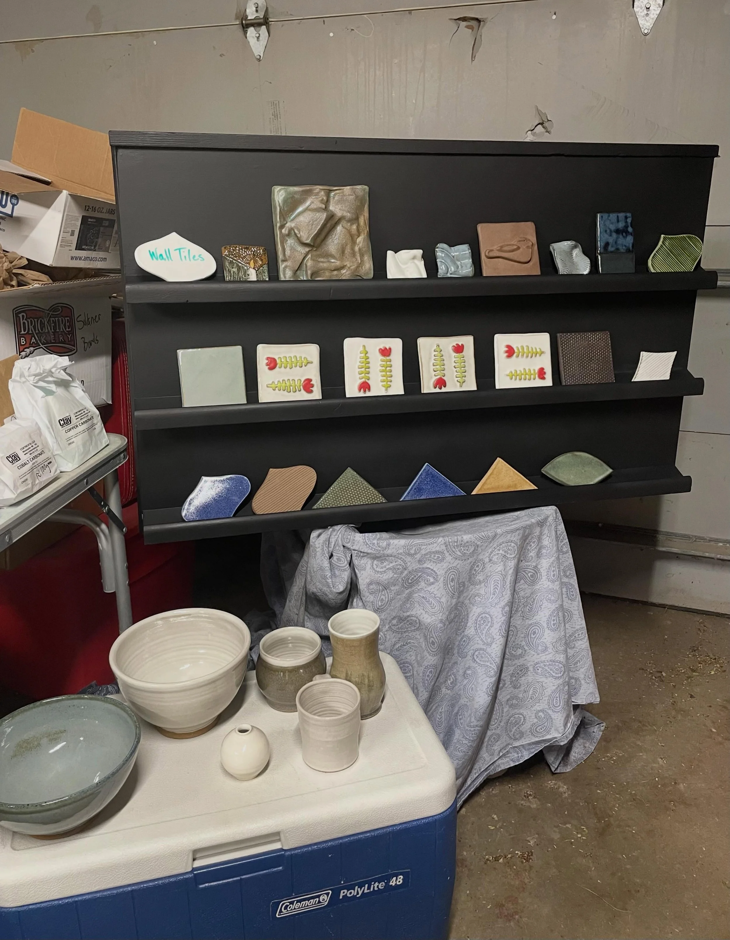 Here is a preview from my garage as I&rsquo;m gathering things for Art A Whirl which starts tomorrow. There will be samples, a fun setup to arrange tiles that I&rsquo;m calling the &ldquo;ok to play&rdquo; display, individual wall tiles for sale, a t