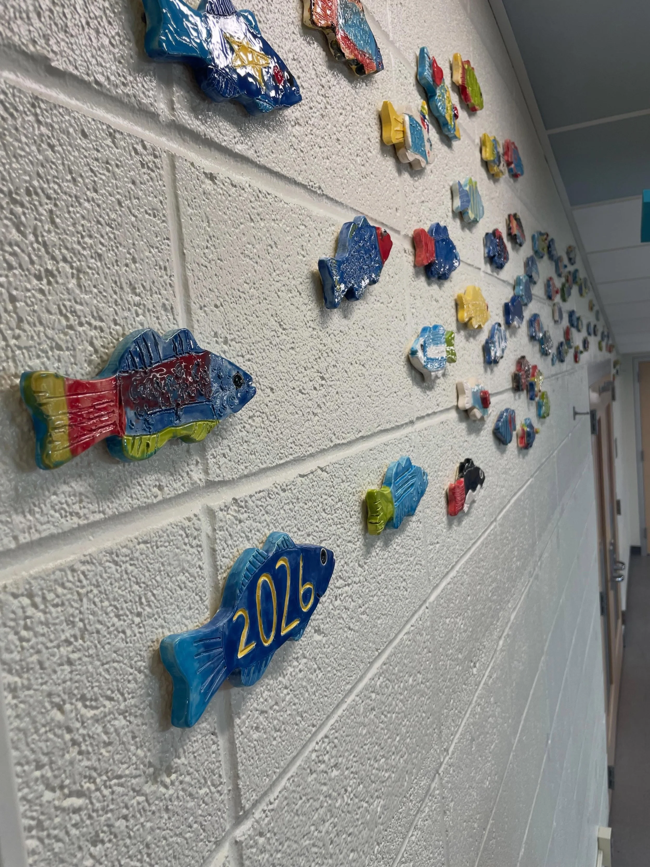 The fish project is installed! I truly appreciate the opportunity to create this together! #ceramicseducation #handmadeceramictiles #tilemural #artistinresidence