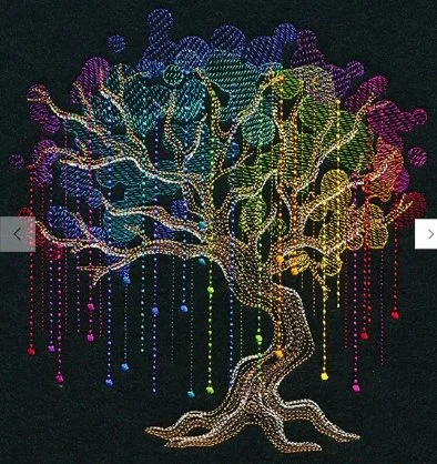 A colorful, illuminated tree with a twisted trunk and hanging decorations on a black background.