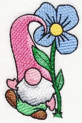 Embroidery of a garden gnome holding a blue flower with a yellow center.