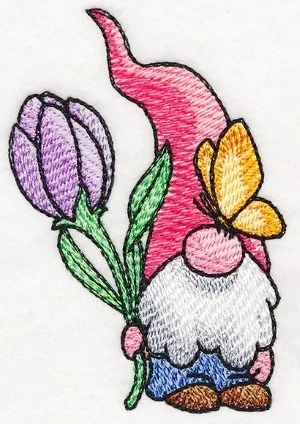 Embroidery of a garden gnome with a tall pink hat, holding purple tulips and a yellow butterfly.