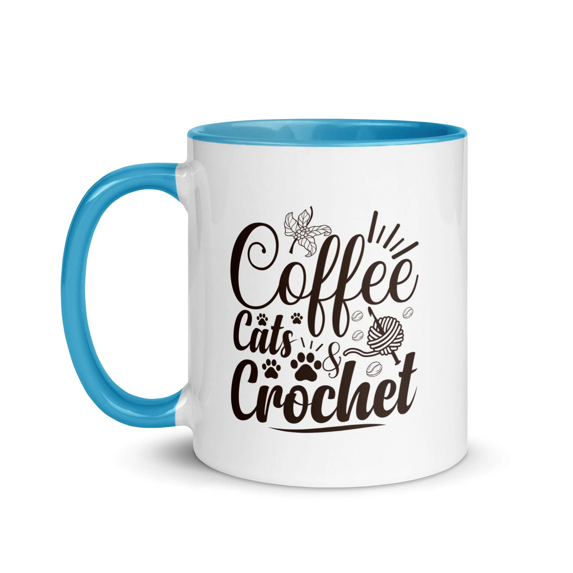 Coffee, Cats, & Crochet Mug with Blue Inside