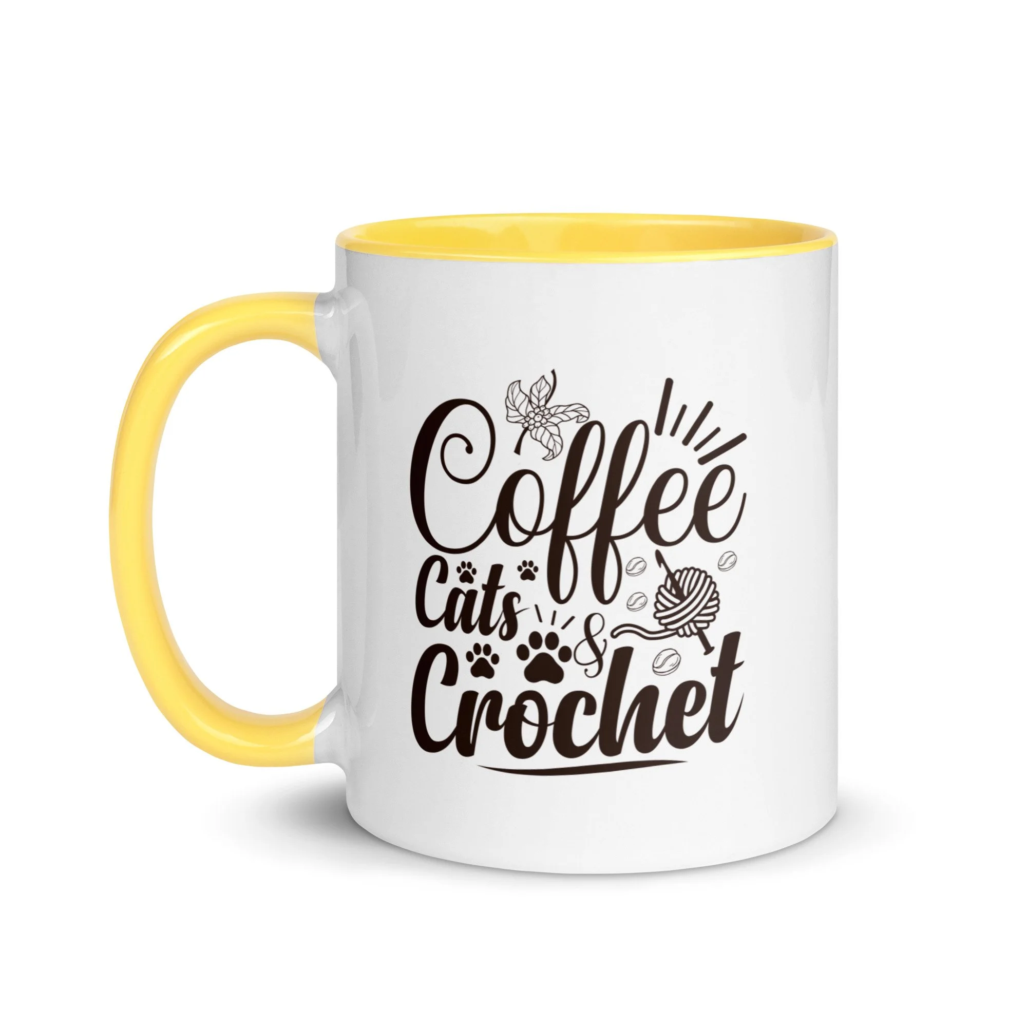 Coffee, Cats, & Crochet Mug with Yellow Inside