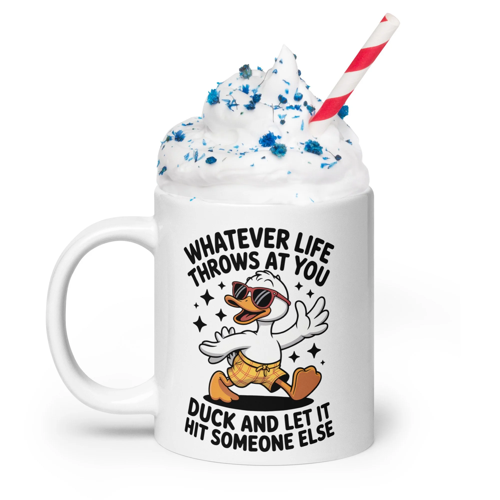 A white mug with a cartoon duck wearing sunglasses and plaid shorts, with a humorous message about duck hunting and self-control.