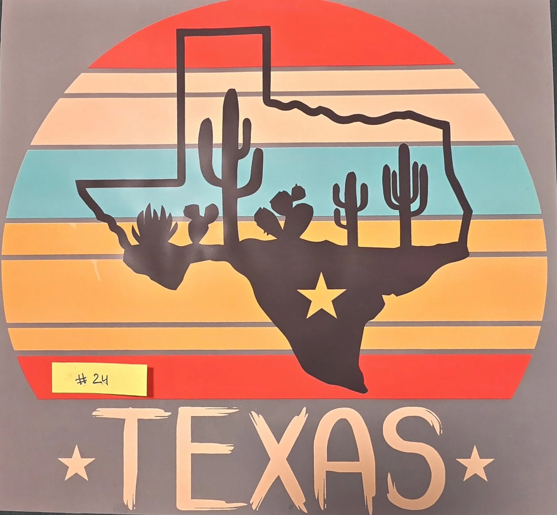 A graphic depicting a silhouette of a hand holding a cactus inside an outline of the state of Texas. The background has colorful horizontal stripes and a red semi-circle at the top, resembling a sunset or sunrise. There is a small yellow note with ha