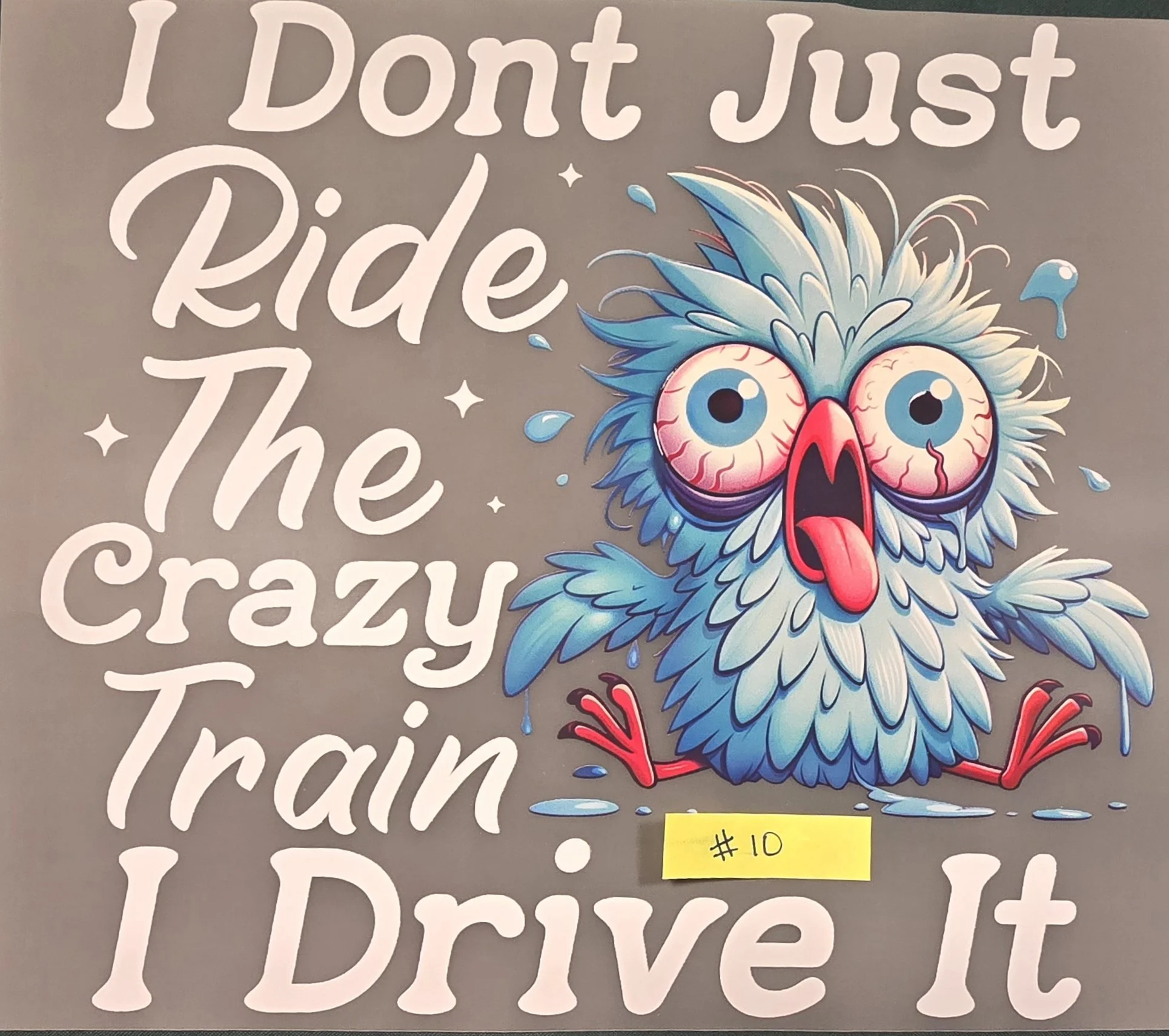 A colorful illustration of a blue, purple, and pink owl with large red eyes and a pink tongue sticking out, surrounded by blue droplets and small white stars, on a gray background with white text that reads 'I Don't Just Ride The Crazy' and a small y