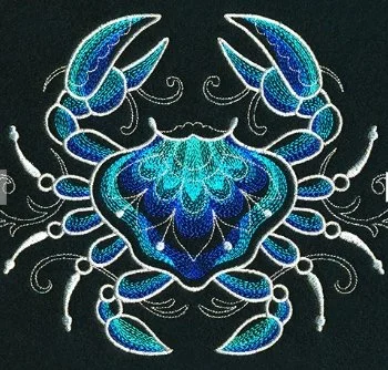 A glowing, stylized illustration of a blue and teal crab with intricate details.