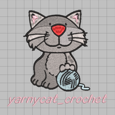 A cartoon gray cat holding a ball of yarn, with pink text 'yarnycat_crochet' beneath.