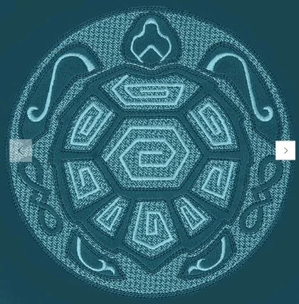 A detailed, circular geometric pattern featuring a central spiral surrounded by intricate designs and shapes, resembling a traditional or cultural motif.