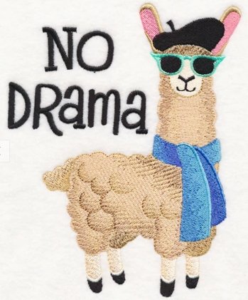 An embroidered patch of a llama wearing sunglasses and a blue scarf with the text 'NO DRAMA' to the left of the llama.
