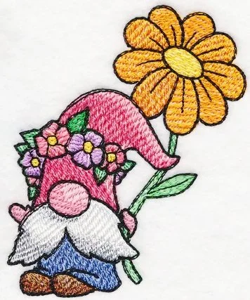 Colorful embroidered garden gnome with a pink hat and white beard holding a yellow flower.