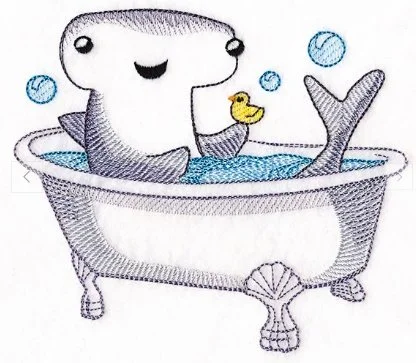 A cheerful cartoon whale taking a bath in a clawfoot bathtub, with a rubber duck and bubbles.
